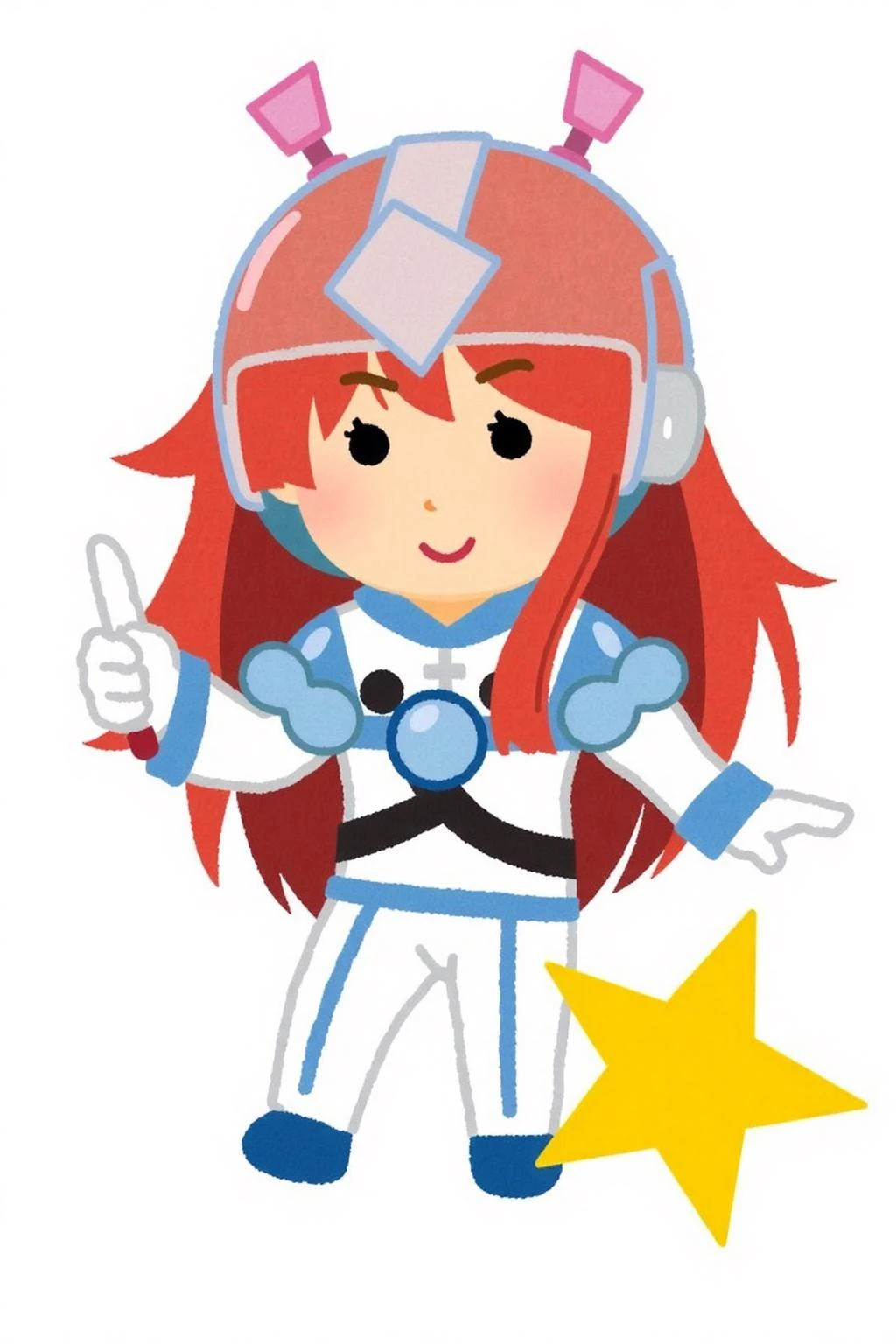 irasutoya1 illustration.
A character is dressed in a white and blue space-themed outfit. They have long, flowing red hair and are wearing a helmet with a blue outline and two pink antennae-like protrusions. They are holding a red weapon in their right hand, pointed upwards. A yellow star is near the bottom right corner.
<lora:irasutoya2s_cap_d8a4e6:1.0><lora:848778222278598918:0>