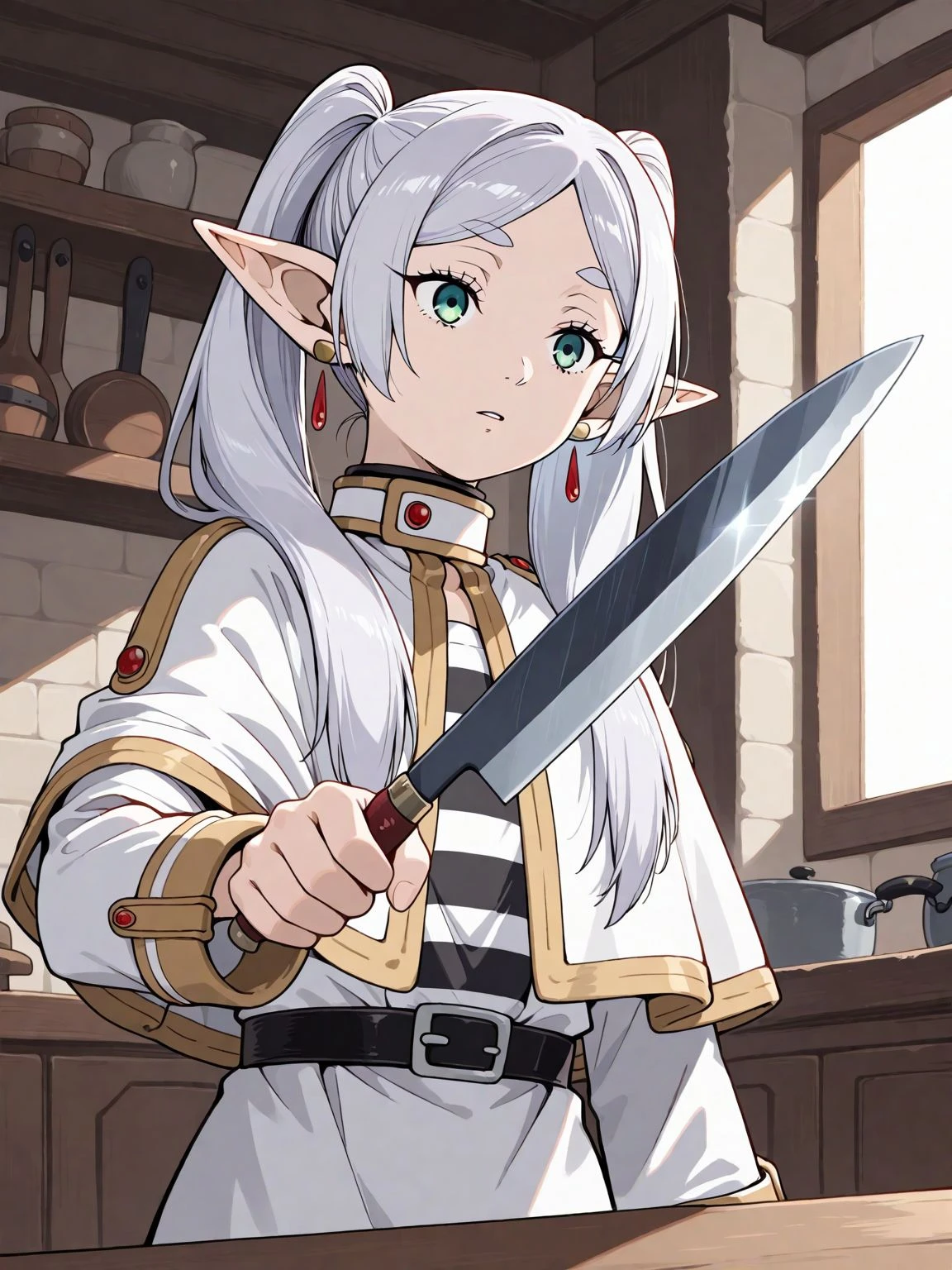 1girl,solo,<lora:HoldingKnife_Illustrious_V1.0:0.9>,holdkknife,holding,holding knife,kitchen knife,upper body,frieren,pointy ears,green eyes,elf,jewelry,twintails,long hair,white hair,parted bangs,drop earrings,earrings,long sleeves,striped clothes,shirt,striped shirt,capelet,white capelet,belt,black belt,parted lips,indoors,