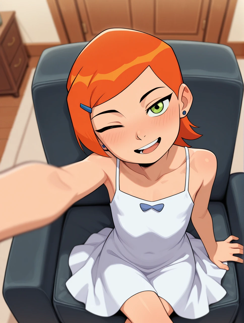 masterpiece,best quality,amazing quality,very aesthetic,high resolution,ultra-detailed,absurdres,newest,
Gwendolyn_Tennyson, reaching out, one eye closed, solo, white dress, collarbone, bare shoulders, looking at viewer, fancy room, gentle smile, sitting, crossed legs, (chandelier:0.4), depth of field, from above, open mouth, head tilt,
<lora:GwenTen-Illus-13:1>