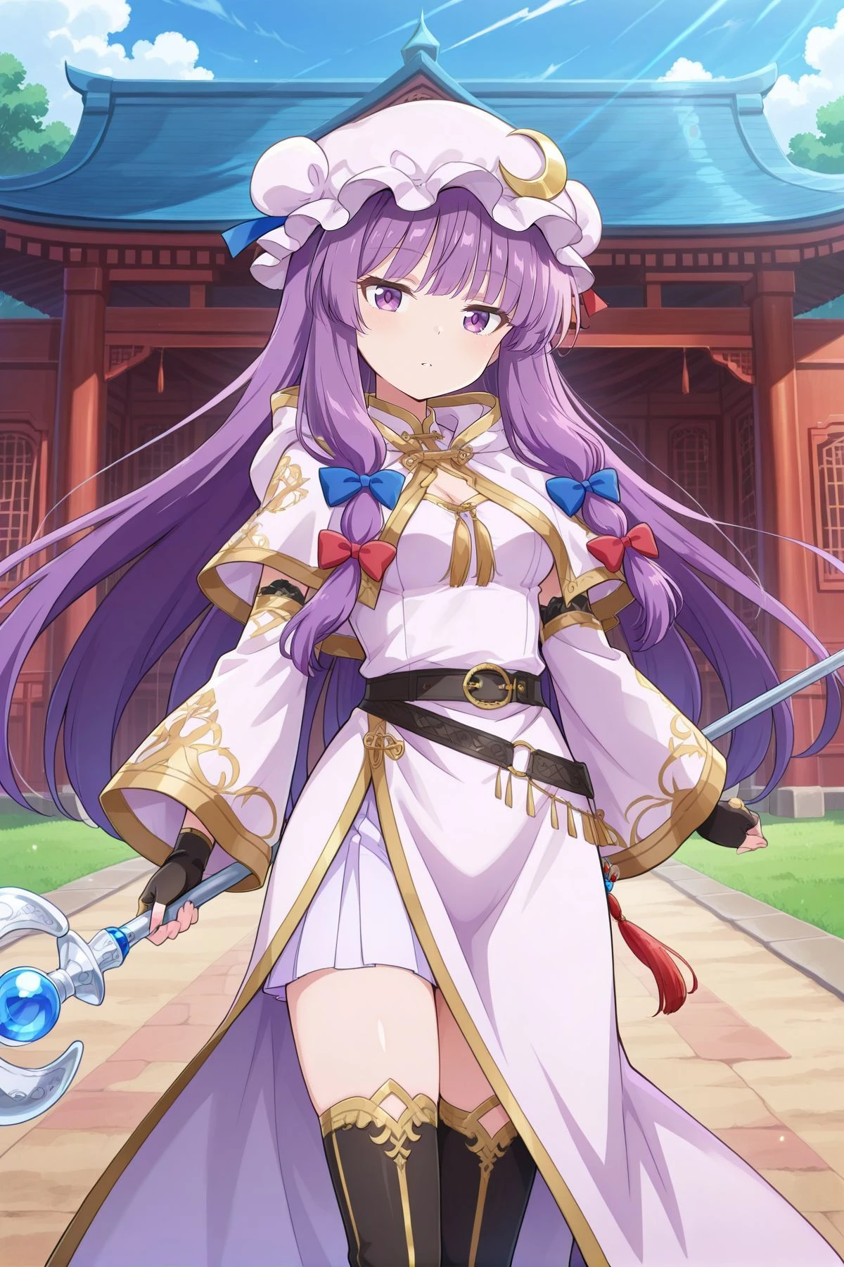absurdres, highres, masterpiece, best quality, amazing quality, official anime artwork, screencap, anime screencap, outdoors, looking at viewer, dynamic pose, day,
<lora:Patchouli-Knwoledge_IllustriousV2:1> patchouli knowledge, 1girl, solo, purple eyes, purple hair, long hair, sidelocks,, patchouli knowledge \(white magic of the great library\), small breasts, alternate costume, white mob cap, crescent hat ornament, hair bow, gold trim, white shirt, wide sleeves, white capelet, white hood, china dress, detached sleeves, white skirt, skirt under dress, belt, black gloves, fingerless gloves, thigh boots, black boots, holding staff, blue gemstone, tassel,