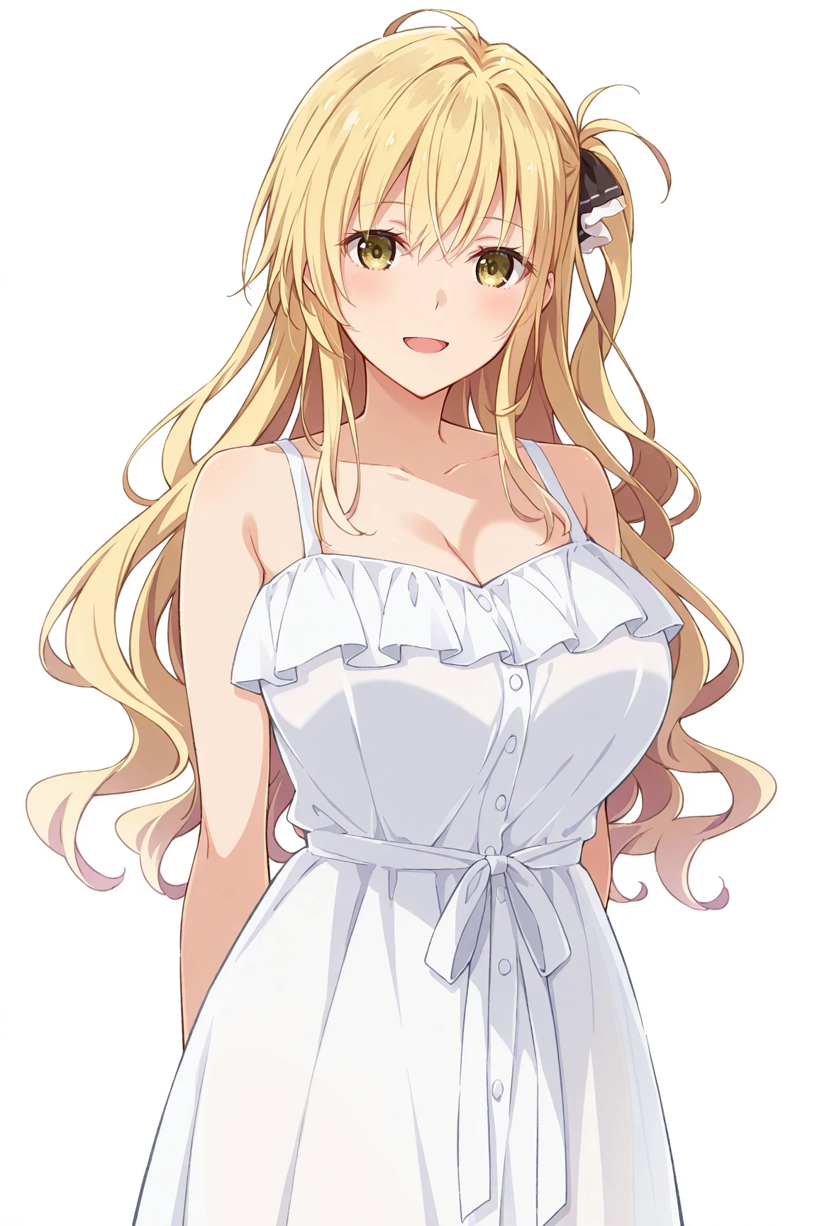 by yoneyama mai by James Gilleard,(1girl,20 years old,mature female),blonde hair,long hair,white dress, sleeveless, bow tie, bare shoulders,smile,cleavage,pantyhose,((white background)), aesthetic, detailed, beautiful color amazing quality, best quality, high quality