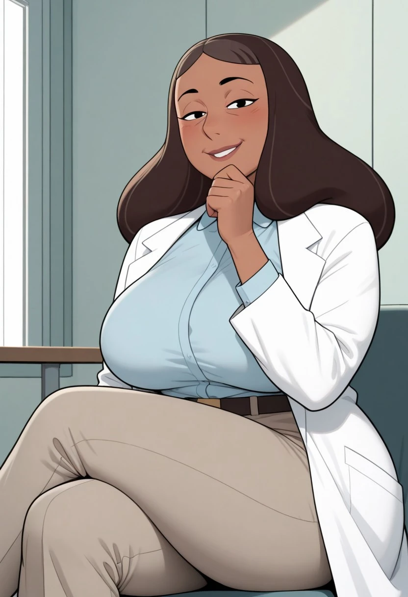 two toned hair, cartoon, round eyes, round face, milf, older woman, (masterpiece:1.5), (best quality:1.5), (amazing quality:1.4), thick, wide hips, round breasts, girl, solo, blush, priyanka, 1girl, mature_female, solo, brown hair, long hair, dark-skinned female, collared shirt, labcoat, belt, shirt tucked in, breasts, mature female, solo, black eyes, eyes half closed, sitting, hand on chin, legs crossed, priyankamaheswaranILL, looking at viewer, long pants, female focus, good lighting, smiling,