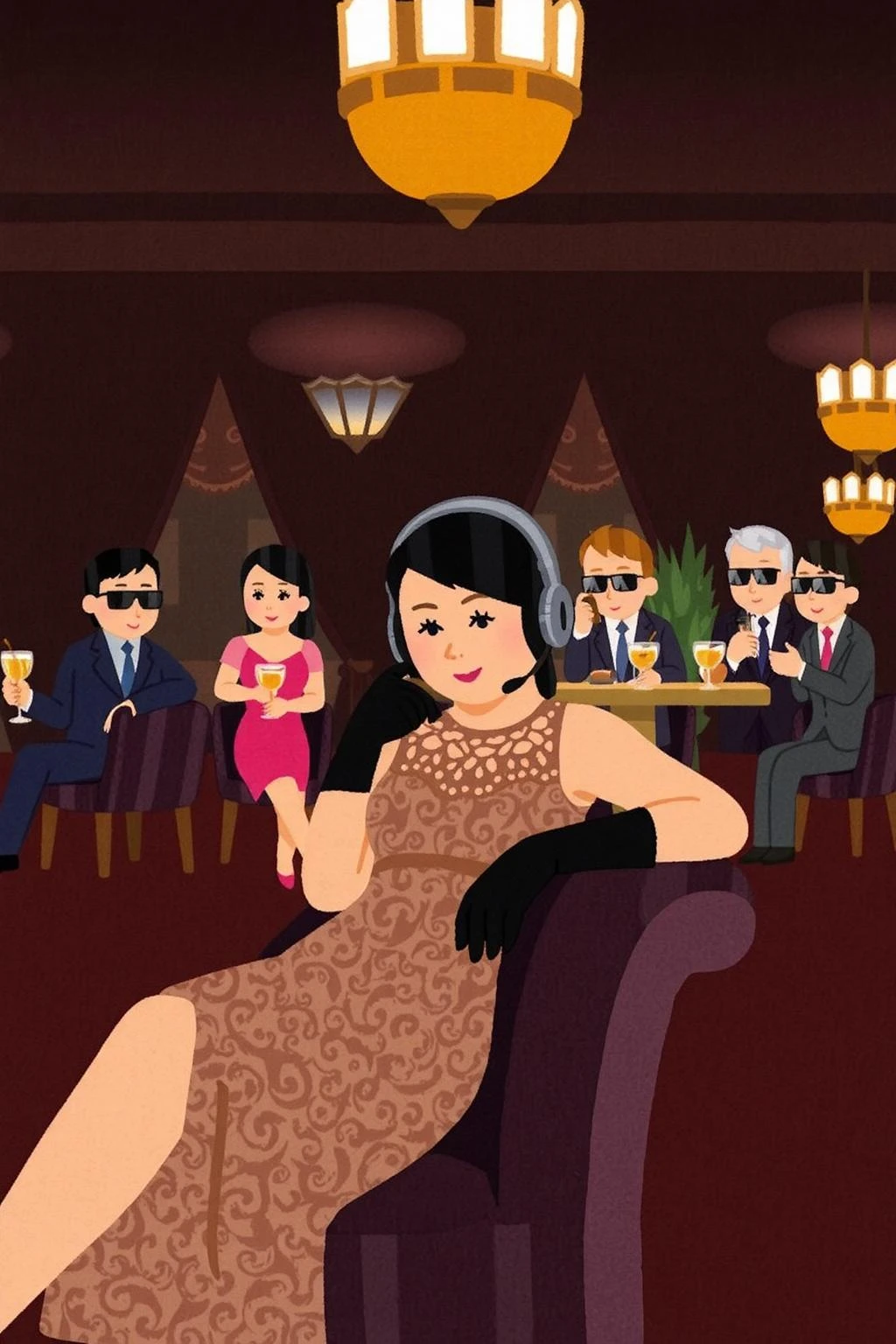 irasutoya1 illustration.
A luxurious, dimly lit lounge set in 1970s Italy, exuding vintage charm and opulence. A stylish young woman in a lace dress, wearing oversized headphones, lounges on a plush velvet couch with an air of cool detachment. She dons sleek black gloves, embodying the effortless glamour of the era. In the background, a group of fashionable, well-dressed people in tailored suits and cocktail dresses sit around a table, enjoying drinks and conversation, all wearing sunglasses. The room is adorned with ornate gold decor, rich velvet textures, and the warm glow of dim lighting, evoking the chic sophistication of Italy's high society in the 1970s.
<lora:irasutoya2s_cap_d8a4e6:1.0><lora:848778505746443230:0>