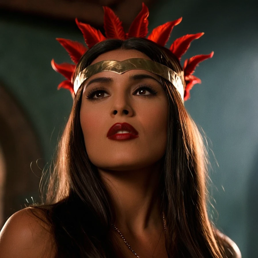 cinematic film still of <lora:Santanico Pandemonium Esmeralda xl v1:0.8>
Santanico Pandemonium Esmeralda a closeup of a woman with a crown on her head, perfect image, perfect body, perfect anatomy, sharp image, detailed image, detailed background, cinematic color style, cinematic film style, Santanico Pandemonium Esmeralda style, solo, long hair, looking at viewer, brown hair, closed mouth, brown eyes, lips, portrait, blurry, circlet, red lips, makeup, lipstick, photorealistic, looking up at something, shallow depth of field, vignette, highly detailed, high budget, bokeh, cinemascope, moody, epic, gorgeous, film grain, grainy
