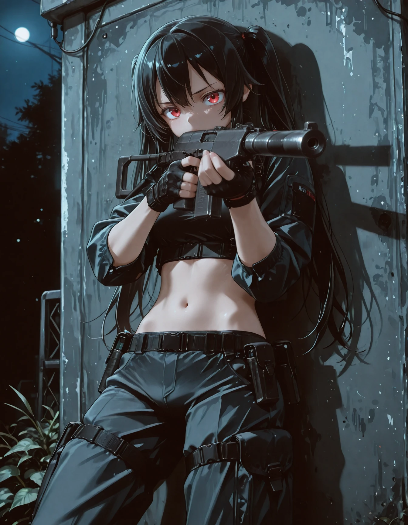 1girl, twin tails, dynamic pose, black hair, red eyes, long hair, midriff, tactical rig, armored rig, slim waist,black fingerless gloves, <lora:as_val_x_vss_ill_v1.0:1> as_val_x_vss, assault rifle, suppressor, holding rifle, aiming, leaning against wall, night, dark,