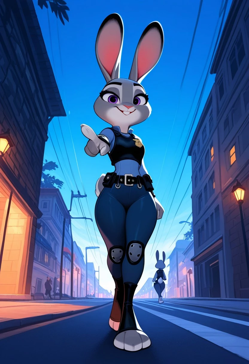 judyhoppsILL,masterpiece, best quality, newest, absurdres, highres, 1girl, solo, furry, furry female, anthro, animal ears, rabbit ears, tail, rabbit girl, body fur, purple eyes, rabbit tail, grey fur, grey body, police uniform, buck teeth, rabbit, blue pants, stirrups, toeless legwear, foreshortening, nighttime, streetlight, street, city block, tree, walking, looking at viewer, female focus, solo focus,