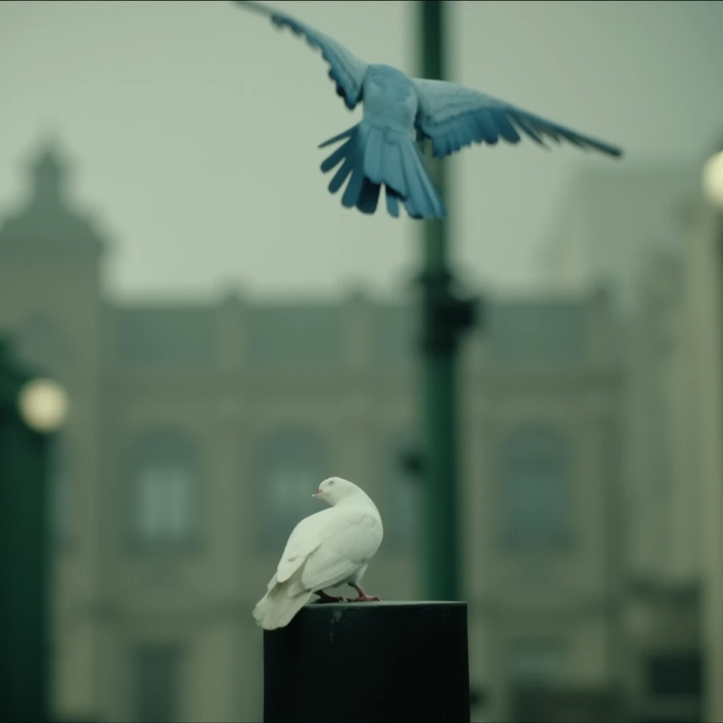 cinematic film still of  <lora:cinematic Immortal (ad vitam) v1:0.7>
cinematic style In 2095, New York City, a different picture of a blue bird is flying over a white pigeon on a pole, shallow depth of field, vignette, highly detailed, high budget, bokeh, cinemascope, moody, epic, gorgeous, film grain, grainy