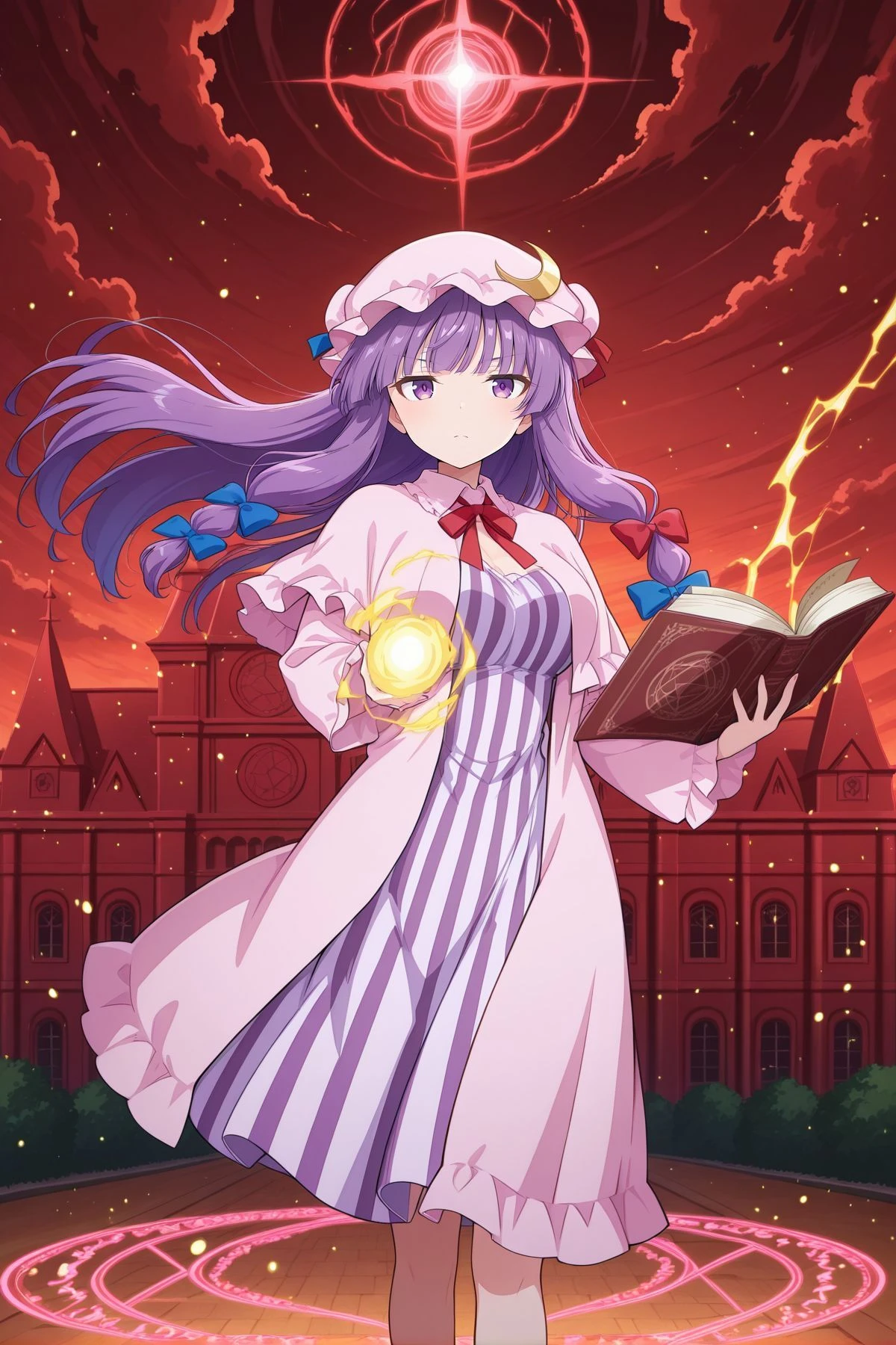 absurdres, highres, masterpiece, best quality, amazing quality, official anime artwork, screencap, anime screencap, outdoors, looking at viewer, dynamic pose,
<lora:Patchouli-Knwoledge_IllustriousV2-000049:1> patchouli knowledge, 1girl, solo, purple eyes, purple hair, long hair, sidelocks,, mob cap, pink hat, crescent pin, hair bow, blue bow, red bow, pink dress, purple capelet, vertical-striped dress,
casting spell, spark, storm, light particles, magic circle, scarlet devil mansion, floating hair, holding open book, serious,