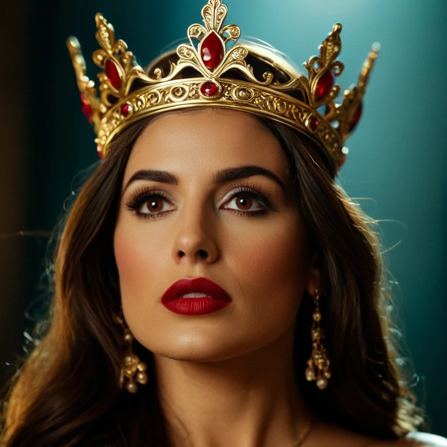 cinematic film still of <lora:Santanico Pandemonium Esmeralda Illu XL v1.1:0.8>
Santanico Pandemonium Esmeralda a closeup of a woman with a crown on her head, perfect image, perfect body, perfect anatomy, sharp image, detailed image, detailed background, cinematic color style, cinematic film style, Santanico Pandemonium Esmeralda style, solo, long hair, looking at viewer, brown hair, closed mouth, brown eyes, lips, portrait, blurry, circlet, red lips, makeup, lipstick, photorealistic, looking up at something, shallow depth of field, vignette, highly detailed, high budget, bokeh, cinemascope, moody, epic, gorgeous, film grain, grainy