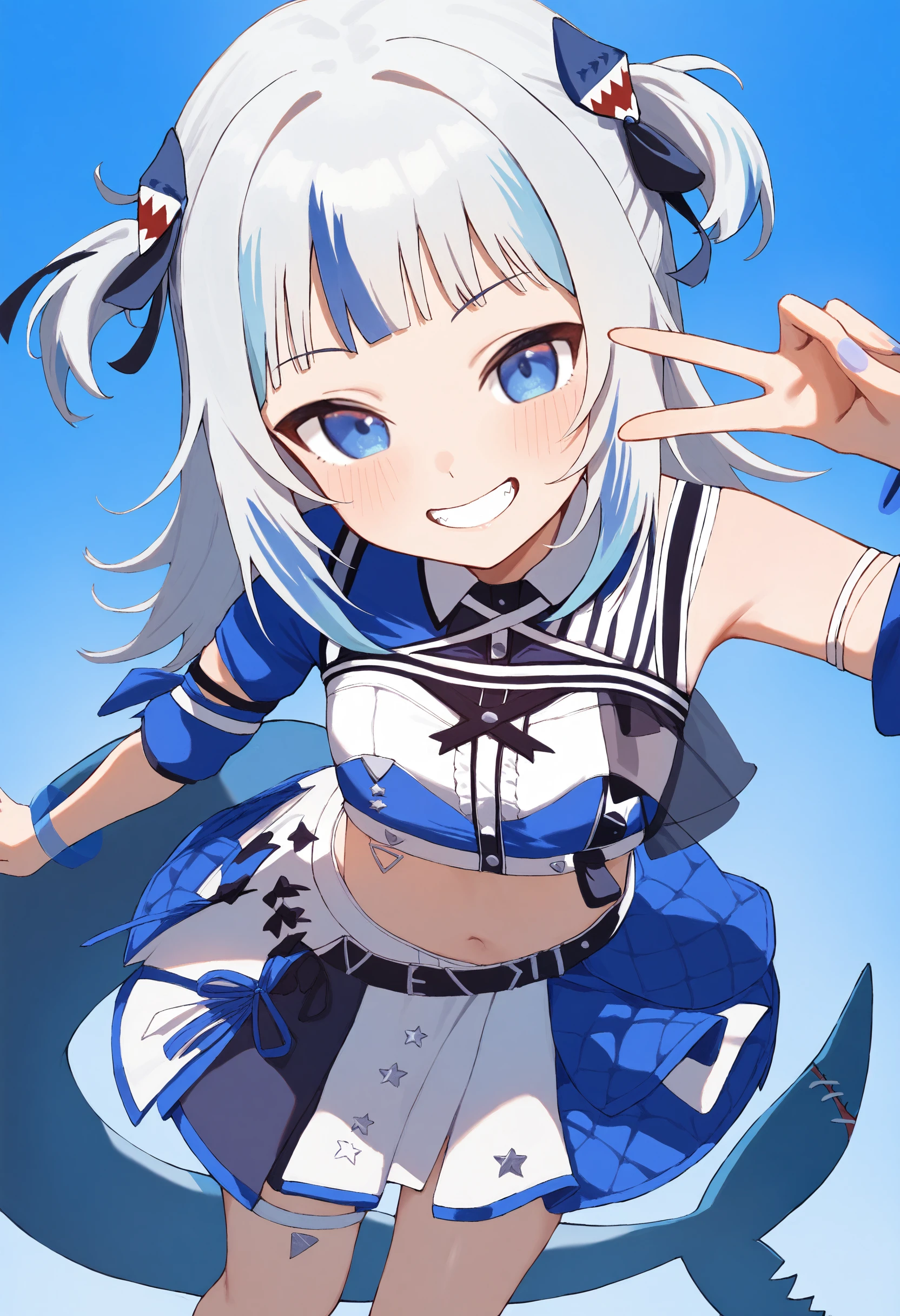 1girl, gawr gura, hololive, hololive english, sensitive,
medium hair, grey hair, blue eyes, hololive idol uniform \(color rise\), shark tail, smile, v,
blue background, standing,
masterpiece, high score, great score, absurdres, <lora:hololive-idol-uniform-color-rise:1>