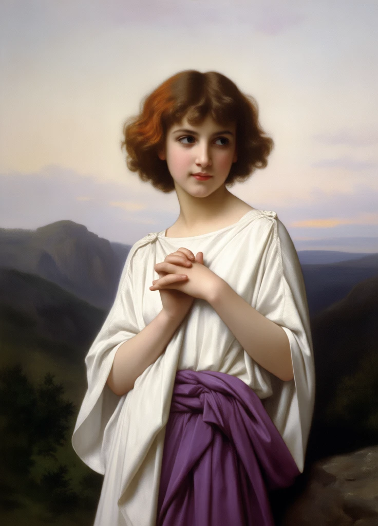 A painting in the style of William-Adolphe Bouguereau, depicting Psyche. She is portrayed as a beautiful young woman with a short, layered bob haircut featuring a rounded silhouette. Her hair is a warm, medium brown color with subtle caramel highlights. The length falls just below the ears, with shorter layers throughout creating volume and movement. Her bangs are side-swept, starting longer on one side and gradually shortening as they sweep across the forehead, blending softly into the rest of the hair. The hair displays a smooth, slightly textured finish, appearing healthy and well-maintained. Her gaze is directed slightly upwards with a serene expression.
She is adorned in a simple white, draped garment with flowing sleeves, and a rich purple fabric is draped around her lower body, gathered at her waist and falling around her legs on the rock. Her hands are clasped together gently in front of her chest. The background consists of a soft, slightly blurred landscape featuring dark, rocky formations, subtle hints of greenery, and a pale, atmospheric sky. The overall lighting is soft and ethereal, meticulously highlighting Psyche's delicate features, the nuances of her warm brown hair with its highlights and layers, and the intricate folds of her clothing. The artwork emphasizes classical beauty, characterized by exceptionally smooth brushstrokes and the realistic rendering typical of Bouguereau's masterpieces.