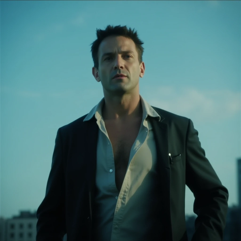 cinematic film still of  <lora:cinematic Immortal (ad vitam) v1:0.8>
cinematic style In 2095, New York City, Alcide Nikopol a man with a jacket on standing in front of a blue sky, science fiction movie themed, sharp, detailed, epic cinematic photography, artistic, dramatic light, cinematic color style, Kodak film style, ad vitam style, solo, looking at viewer, short hair, shirt, black hair, 1boy, closed mouth, jacket, upper body, male focus, sky, facial hair, parody, stubble, realistic, outdoors, collared shirt, blurry, blurry background, black jacket, white shirt, open clothes, necktie, blue sky, border, portrait, photorealistic
, shallow depth of field, vignette, highly detailed, high budget, bokeh, cinemascope, moody, epic, gorgeous, film grain, grainy