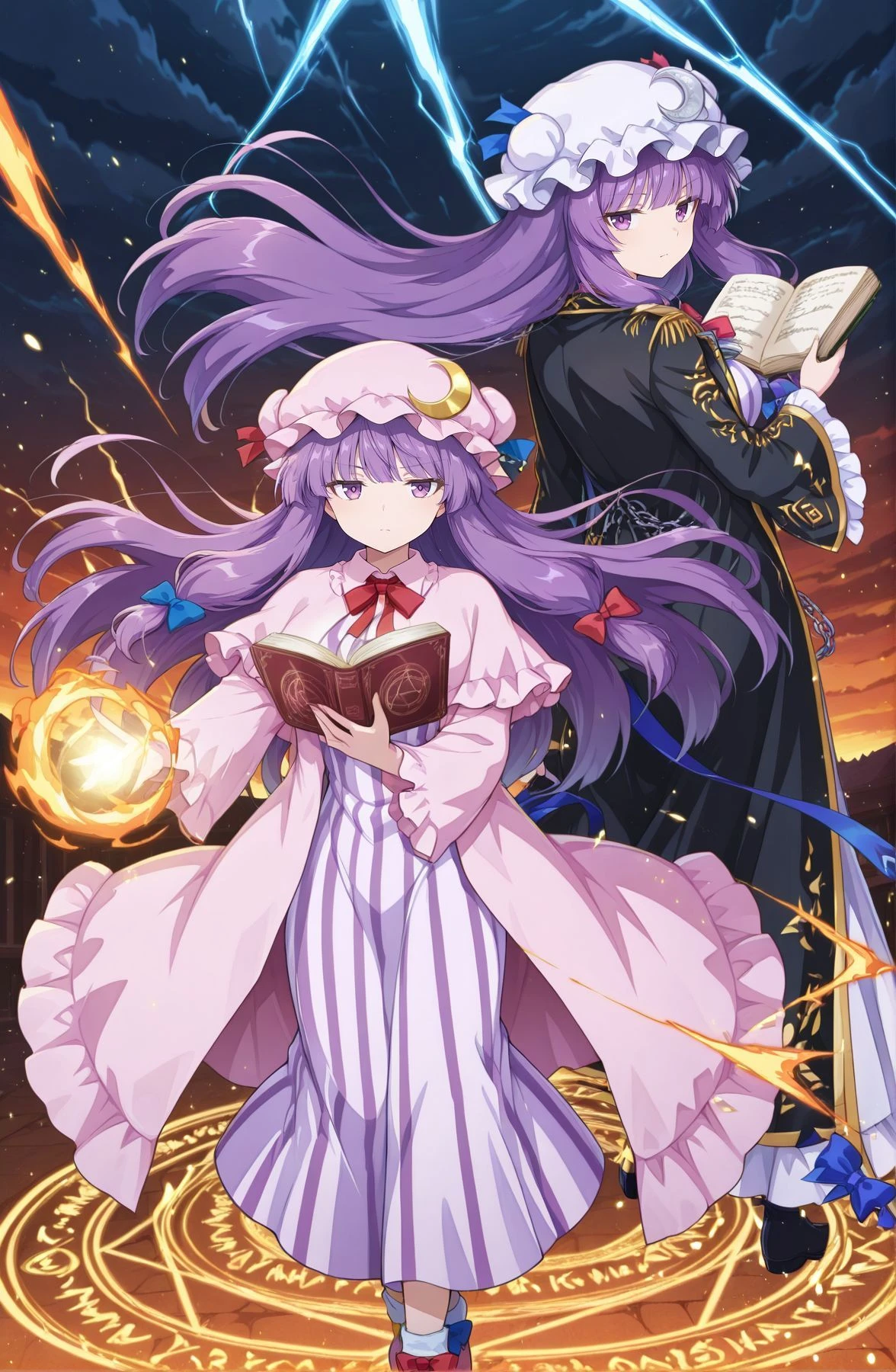 2girls, dynamic pose, light particles, looking at viewer, serious, magic circle, danmaku, spark, storm, cloud, alongside, back to back, open book, floating hair, holding book, casting a spell, BREAK
absurdres, highres, masterpiece, best quality, amazing quality, official anime artwork, screencap, anime screencap,  <lora:Patchouli-Knwoledge_IllustriousV2:1>BREAK
patchouli knowledge, 1girl, solo, purple eyes, purple hair, long hair, sidelocks,, mob cap, pink hat, crescent pin, hair bow, blue bow, red bow, pink dress, purple capelet, vertical-striped dress, ice, fire, BREAK
patchouli knowledge, 1girl, solo, purple eyes, purple hair, long hair, sidelocks,, patchouli knowledge \(loyal elemental magician\), alternate costume, white hat, mob cap, crescent hat ornament, blue bow, red bow, blue ribbon, black coat, long sleeves, wide sleeves, open coat, chain, white dress, vertical-striped dress,  red ribbon, ribbon belt, white belt, robe, lightning,