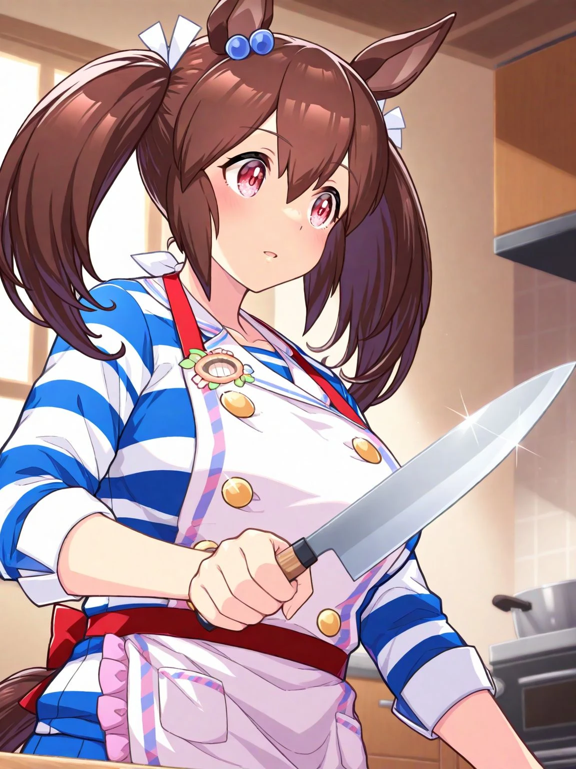1girl,solo,<lora:HoldingKnife_Illustrious_V1.0:0.9>,holdkknife,holding,holding knife,kitchen knife,(upper body:0.8),indoors,<lora:hishiakebonoillv1:1>,hishi akebono \(umamusume\),horse tail,horse girl,apron,striped clothes,