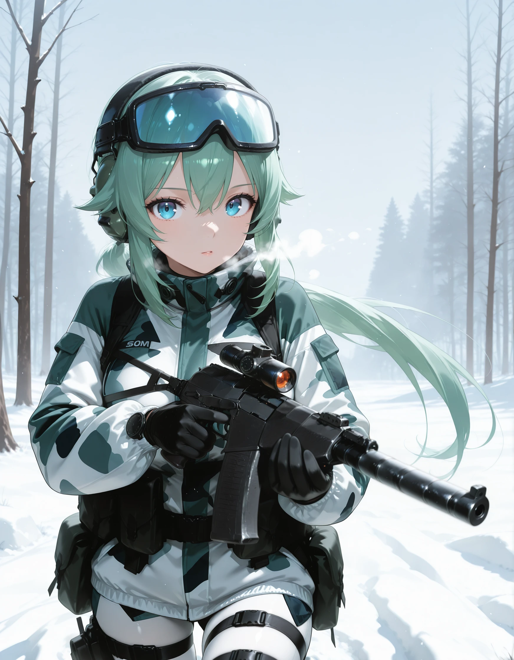 1girl, anime character, long hair, ponytail, ski goggles, ear protection, green hair, snow camo cloth, looking at viewer, as_val_x_vss, assault rifle, aiming, holding rifle, pso_scope, trigger discipline, black_stock, <lora:as_val_x_vss_ill_v1.0:1>, snow, winter, snow storm, rocks, heave fog, leg band, abstract background, cover_art