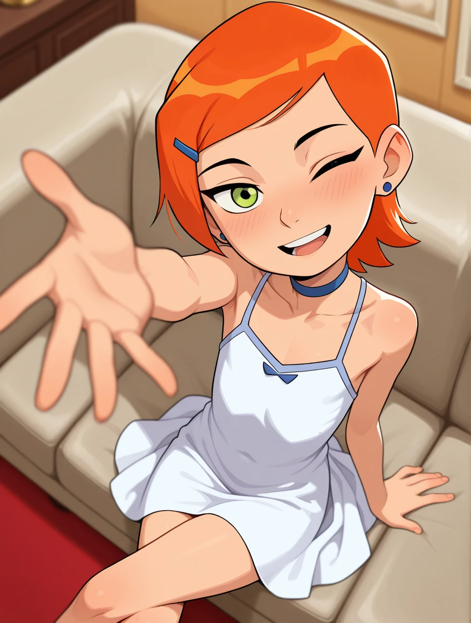 masterpiece,best quality,amazing quality,very aesthetic,high resolution,ultra-detailed,absurdres,newest,
Gwendolyn_Tennyson, reaching out, one eye closed, solo, white dress, collarbone, bare shoulders, looking at viewer, fancy room, gentle smile, sitting, crossed legs, (chandelier:0.4), depth of field, from above, open mouth, head tilt, open hand, welcoming viewer, jewelry, earrings, choker
<lora:GwenTen-Illus-13:1>