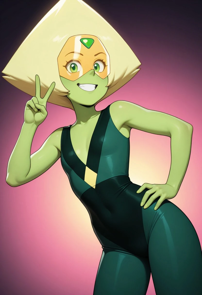 masterpiece, best quality, newest, absurdres, highres, 1girl, solo, amazing quality, good lighting,
peridotILL, peridot, peridot from steven universe
green skin, yellow visor, green eyes, green forehead gem, diamond-shaped hair, yellow hair, dark green and black bodysuit, v-neck body suit, shoulders exposed, bare arms, sleeveless bodysuit
looking at viewer, hands on hips, smiling, dynamic pose, dynamic angle, peace sign, safe for work, sfw, elegant pose,
source_cartoon, cartoon, (soft skin shading:1.4), (glistening highlights:1.3), (detailed hands:1.3), (smooth shading:1.4), (bold outlines:1.3), (soft lighting:1.3), (vibrant colors:1.4),