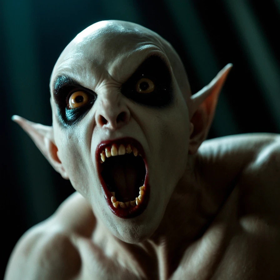 cinematic film still of <lora:Santanico Pandemonium Esmeralda Pony XL v1.1:1>
Vampire creature monster Santanico Pandemonium Esmeralda a close up of a Vampire creature monster person with a weird face staring at camera with big staring vampire eyes, perfect image, perfect body, perfect anatomy, sharp image, detailed image, detailed background, cinematic color style, cinematic film style, Santanico Pandemonium Esmeralda style, solo, looking at viewer, blurry, blurry background, fangs, portrait, open mouth, simple background, black background, bald, horror (theme), brown eyes, no humans, colored skin, slit pupils, colored sclera, alien, photorealistic looking down, camera from below, closeup, shallow depth of field, vignette, highly detailed, high budget, bokeh, cinemascope, moody, epic, gorgeous, film grain, grainy