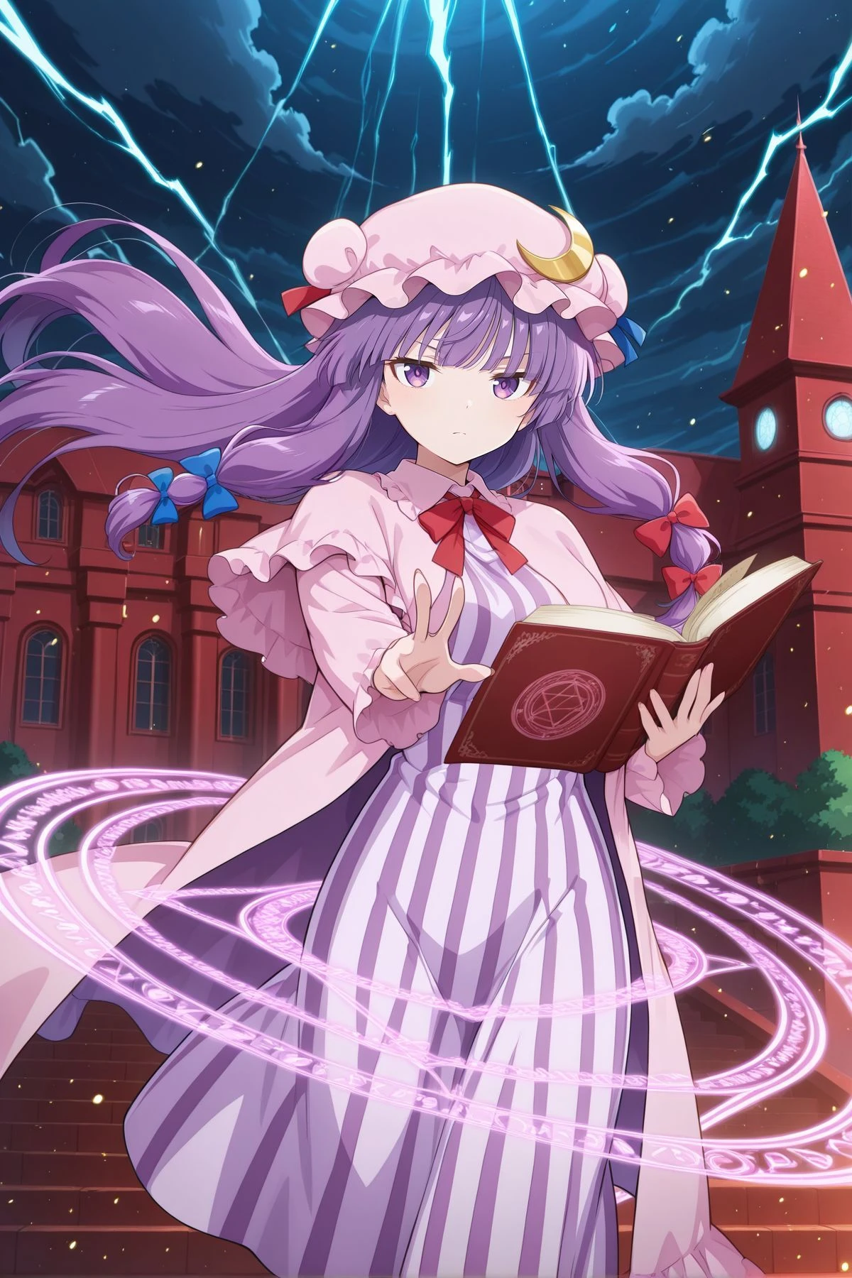 absurdres, highres, masterpiece, best quality, amazing quality, official anime artwork, screencap, anime screencap, outdoors, looking at viewer, dynamic pose,
<lora:Patchouli-Knwoledge_IllustriousV2-000037:1> patchouli knowledge, 1girl, solo, purple eyes, purple hair, long hair, sidelocks,, mob cap, pink hat, crescent pin, hair bow, blue bow, red bow, pink dress, purple capelet, vertical-striped dress,
casting spell, spark, storm, light particles, magic circle, scarlet devil mansion, floating hair, holding open book, serious,