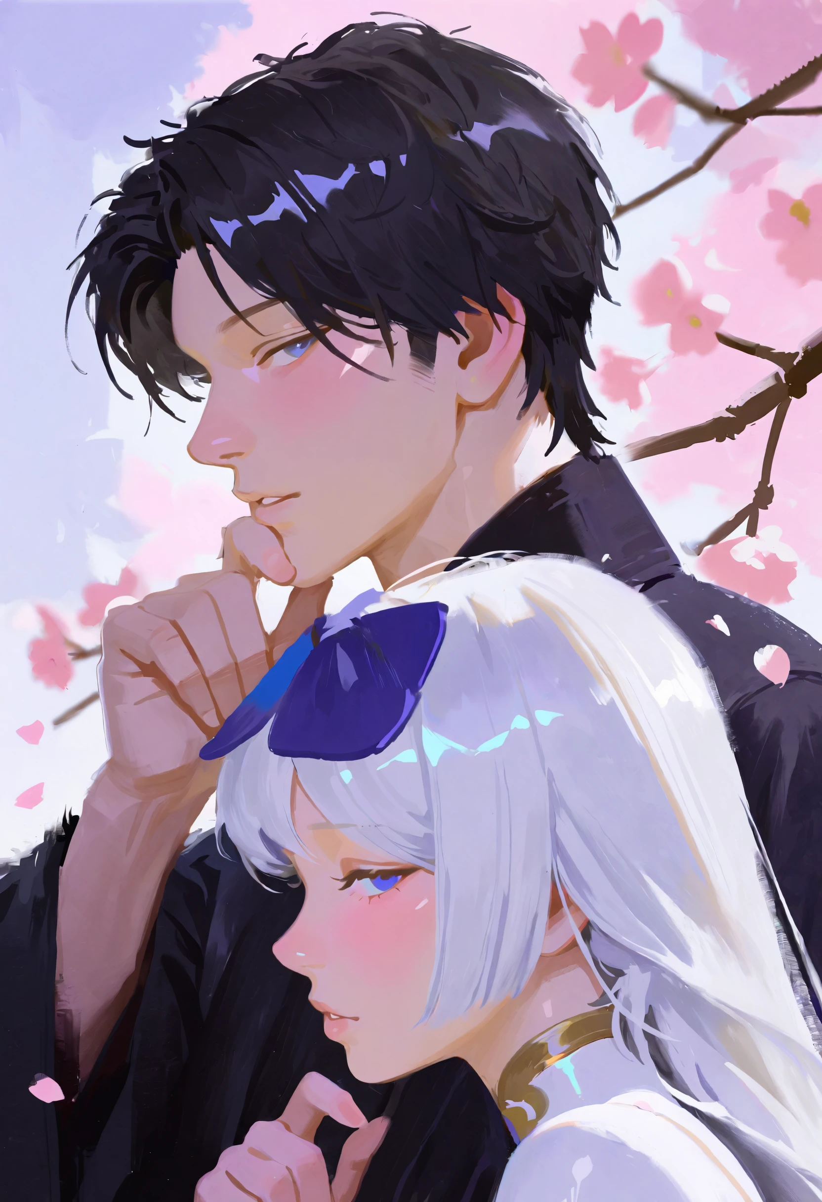 (no lineart, painting \(medium\), faux traditional media), <lora:bnl0ZStEYW9kdHQ=-illustriousXL_v01_V2-CAME:1.0>, cherry blossoms, blue eyes, black hair, 1boy, white hair, parted lips, branch, hand on own chin, 1girl, petals, profile, looking at viewer, portrait, blush, long hair, blurry, short hair, from side, bishounen