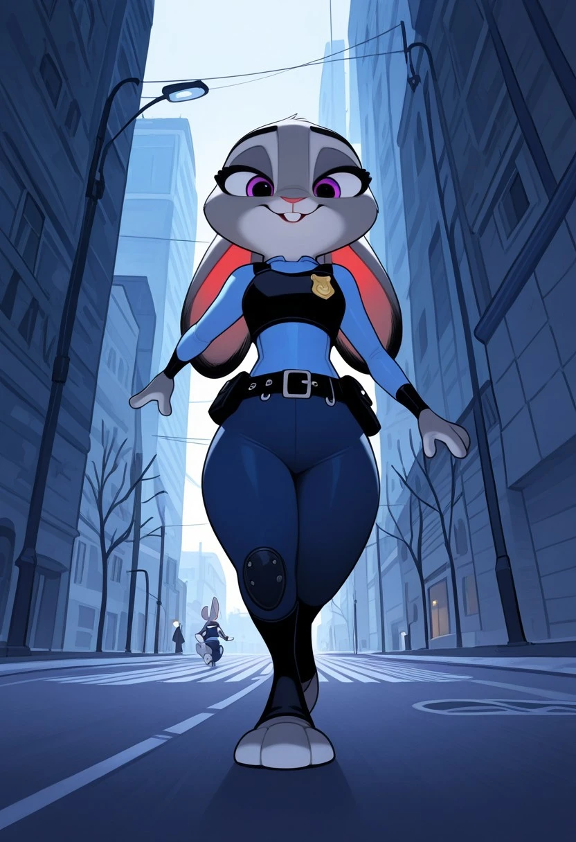 judyhoppsILL,masterpiece, best quality, newest, absurdres, highres, 1girl, solo, furry, furry female, anthro, animal ears, rabbit ears, tail, rabbit girl, body fur, purple eyes, rabbit tail, grey fur, grey body, police uniform, buck teeth, rabbit, blue pants, stirrups, toeless legwear, foreshortening, nighttime, streetlight, street, city block, tree, walking, looking at viewer, female focus, solo focus, full body,