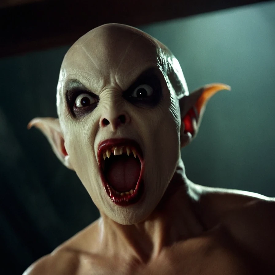 cinematic film still of <lora:Santanico Pandemonium Esmeralda xl v1:0.9>
Vampire creature monster Santanico Pandemonium Esmeralda a close up of a Vampire creature monster person with a weird face staring at camera with big staring vampire eyes, perfect image, perfect body, perfect anatomy, sharp image, detailed image, detailed background, cinematic color style, cinematic film style, Santanico Pandemonium Esmeralda style, solo, looking at viewer, blurry, blurry background, fangs, portrait, open mouth, simple background, black background, bald, horror (theme), brown eyes, no humans, colored skin, slit pupils, colored sclera, alien, photorealistic looking down, camera from below, closeup, shallow depth of field, vignette, highly detailed, high budget, bokeh, cinemascope, moody, epic, gorgeous, film grain, grainy