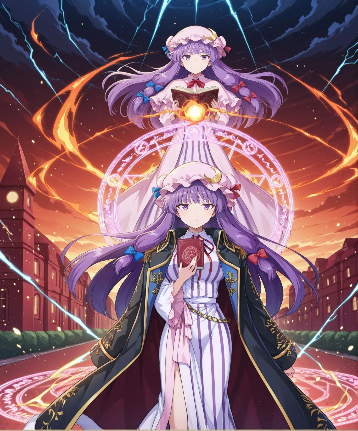 2girls, dynamic pose, outdoors, light particles, looking at viewer, starry sky, serious, magic circle, danmaku, scarlet devil mansion, spark, storm, cloud, alongside, open book, floating hair, holding book, casting a spell, BREAK
absurdres, highres, masterpiece, best quality, amazing quality, official anime artwork, screencap, anime screencap, <lora:Patchouli-Knwoledge_IllustriousV2:1>BREAK
patchouli knowledge, 1girl, solo, purple eyes, purple hair, long hair, sidelocks,, mob cap, pink hat, crescent pin, hair bow, blue bow, red bow, pink dress, purple capelet, vertical-striped dress, ice, fire, BREAK
patchouli knowledge, 1girl, solo, purple eyes, purple hair, long hair, sidelocks,, patchouli knowledge \(loyal elemental magician\), alternate costume, white mob cap, crescent hat ornament, blue bow, red bow, blue ribbon, black coat, long sleeves, wide sleeves, open coat, chain, white dress, vertical-striped dress, red ribbon, ribbon belt, white belt, robe, lightning,