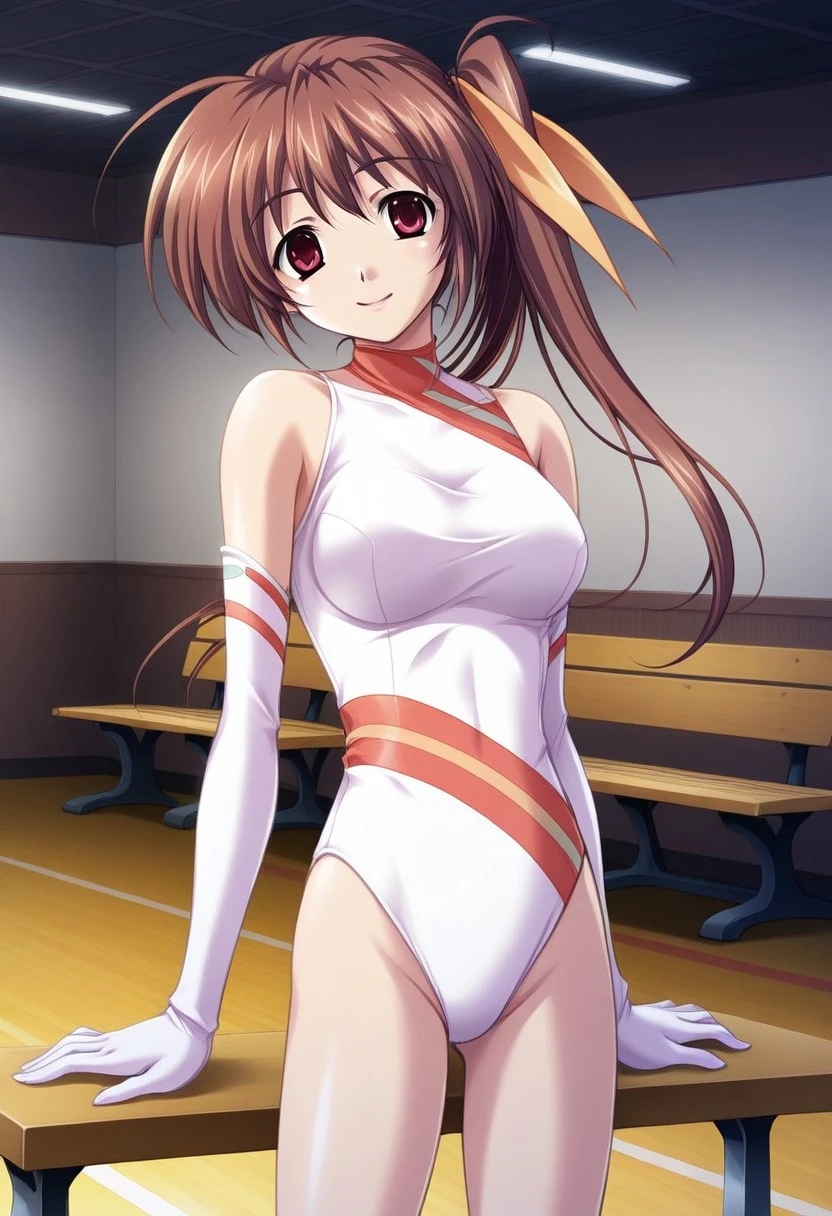 Ochaco Uraraka, 1girl, anime, hair cafe, sexy, big aass (best quality: 1.3), (4K quality), best quality, high resolution, detailed, (detailed face: 1.2), (detailed eyes: 1.2), ( Figure perfect: 1.2), looking at viewer, (1 girl), boku no hero academia, bunny ears, woman)), sleeveless, white gloves, white leotard, fur collar, purple thighs, white background, white leotard,Costume by mirko