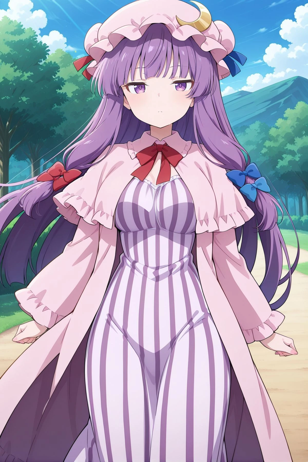 absurdres, highres, masterpiece, best quality, amazing quality, official anime artwork, screencap, anime screencap, outdoors, looking at viewer, dynamic pose,
<lora:Patchouli-Knwoledge_IllustriousV2_r1:1> patchouli knowledge, 1girl, solo, purple eyes, purple hair, long hair, sidelocks,, mob cap, pink hat, crescent pin, hair bow, blue bow, red bow, pink dress, pink capelet, vertical-striped dress,