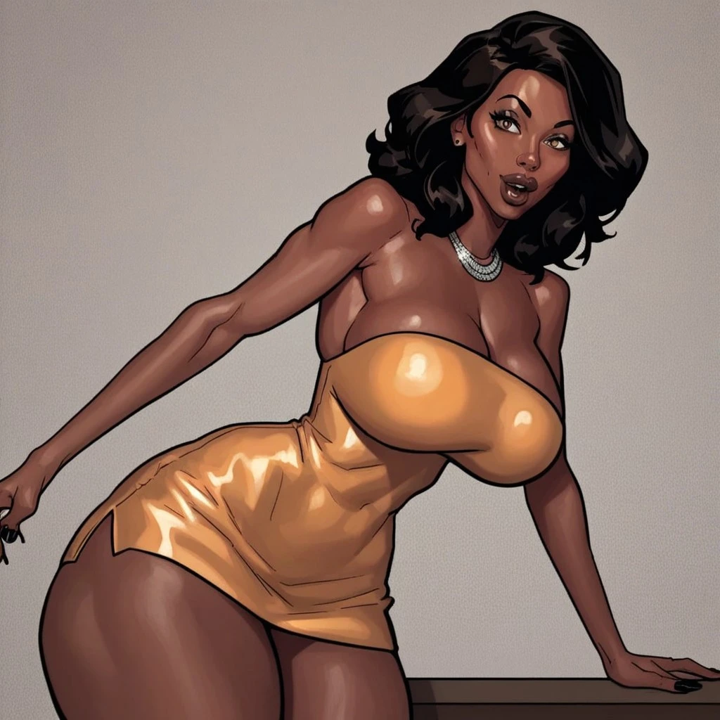 ((masterpiece)),(((best quality))),((character sheet)), ((full body view)) ((black woman)) ((afro hairstyle)) ((seductive pose)) mature face, defined cheekbones, high cheekbones, illustration, girl, muscular, ((afro:1.4)), sexy bimbo, (gigantic breasts:1.7) black hair, ((detailed face:1.4)) beautiful woman, (yellow leotard:1.4), (gold hoop earrings:1.6), (thighhighs:1.4) (yellow lipstick:1.5) , shiny skin, scribbles and marks,(puffy lips:1.5) , rough sketches, 8k,16k, (simple background, white background: 1.3), yellow and black color palette, brown legs, orange arms, (brown skin:1.7)