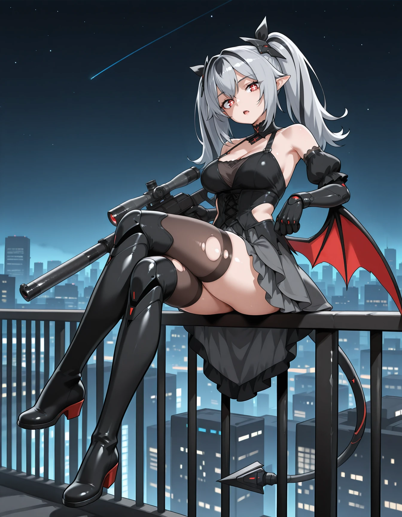 as_val_x_vss, assault rifle, suppressor, holding rifle, scope, <lora:as_val_x_vss_ill_v1.0:1>, 1girl, solo, night sky, starry sky, cityscape, modern city, sitting on railing, full body, from side, crossed legs, head tilt, looking at viewer, bored uninterested, evil, foreshortening, open mouth, arm rest, Jetavie, Jt_Def, pointy ears, red eyes, x-shaped pupils, multicolored hair, twintails, grey hair, streaked hair, black hair, black gloves, elbow gloves, headgear, low wings, hair ornament, o-ring strap, mechanical tail, shoulder strap, black gorget, bare shoulder, cross-laced corset, black corset, black dress, cleavage, sleeveless dress, side cutout, detached sleeves, frilled sleeves, long sleeves, black sleeves, black gauntlets, black ribbon, frilled skirt, layered skirt, black skirt, grey skirt, torn thighhighs, thighhighs under boots, brown thighhighs, thigh boots, mechanical legs, black footwear, mechanical arms <lora:Jetavie_PGR_IL:0.7>