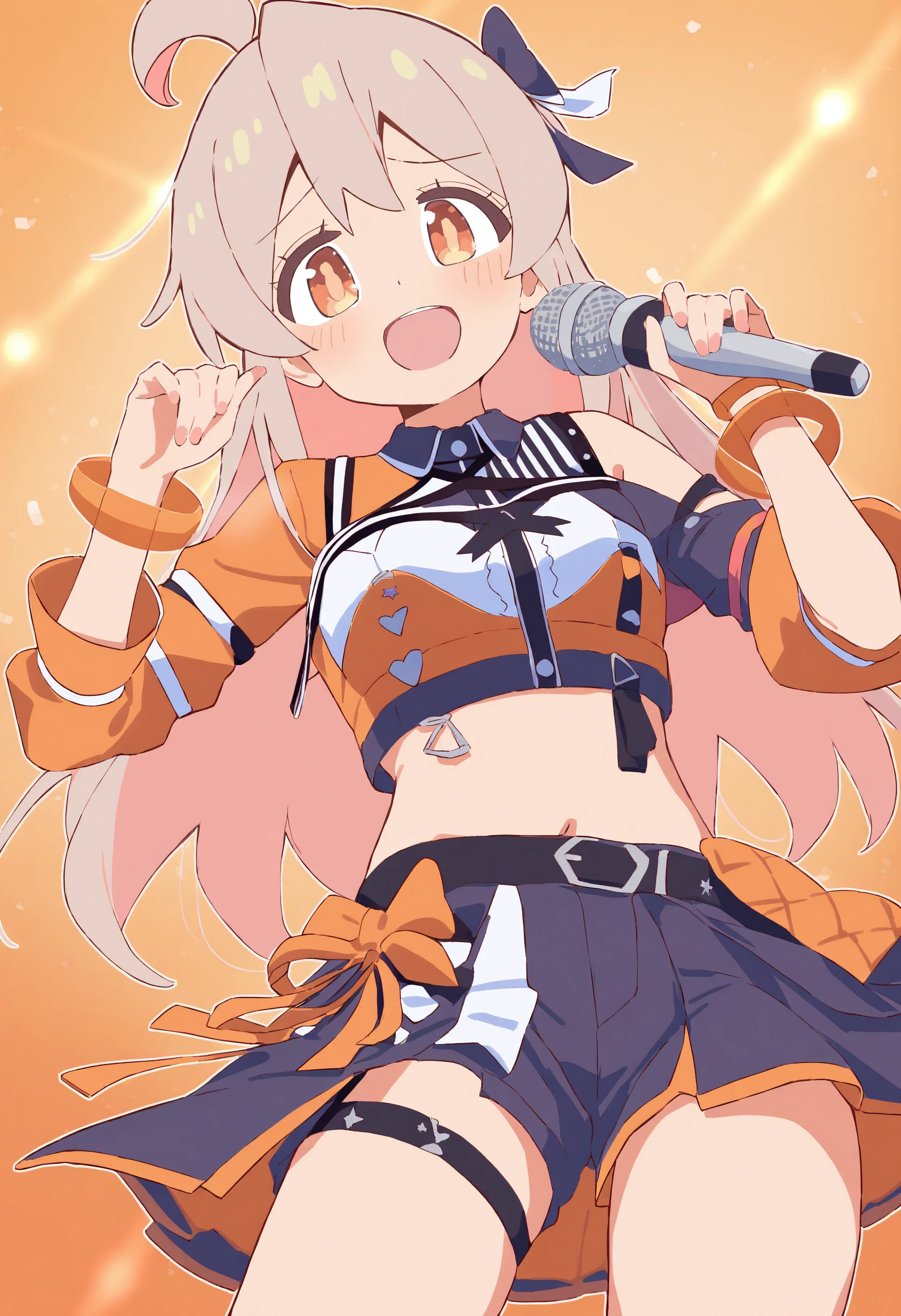 1girl, oyama mahiro, onii-chan wa oshimai!, sensitive,
long hair, blonde hair, orange eyes, hololive idol uniform \(color rise\), microphone,
orange background,
masterpiece, high score, great score, absurdres, <lora:hololive-idol-uniform-color-rise:1>