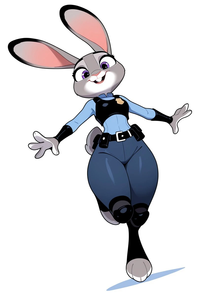 judyhoppsILL,masterpiece, best quality, newest, absurdres, highres, 1girl, solo, furry, furry female, anthro, animal ears, rabbit ears, tail, rabbit girl, body fur, purple eyes, rabbit tail, grey fur, grey body, police uniform, buck teeth, rabbit, blue pants, stirrups, toeless legwear,  dynamic angle, foreshortening,