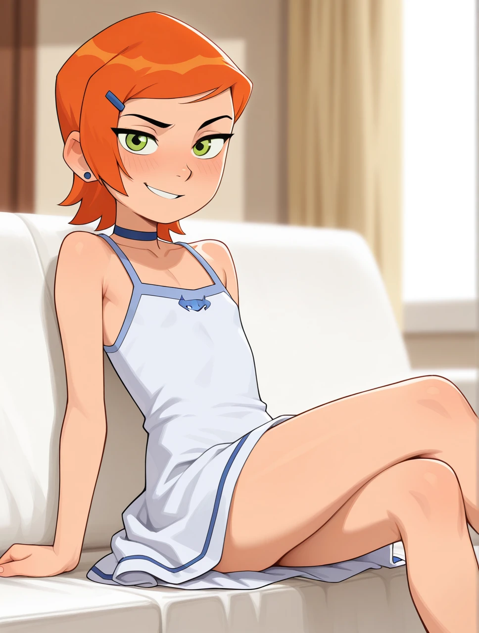 masterpiece,best quality,amazing quality,very aesthetic,high resolution,ultra-detailed,absurdres,newest,
Gwendolyn_Tennyson, solo, white dress, collarbone, bare shoulders, looking at viewer, gentle smile, sitting, crossed legs, depth of field, jewelry, choker, sexy
<lora:GwenTen-Illus-13:1>