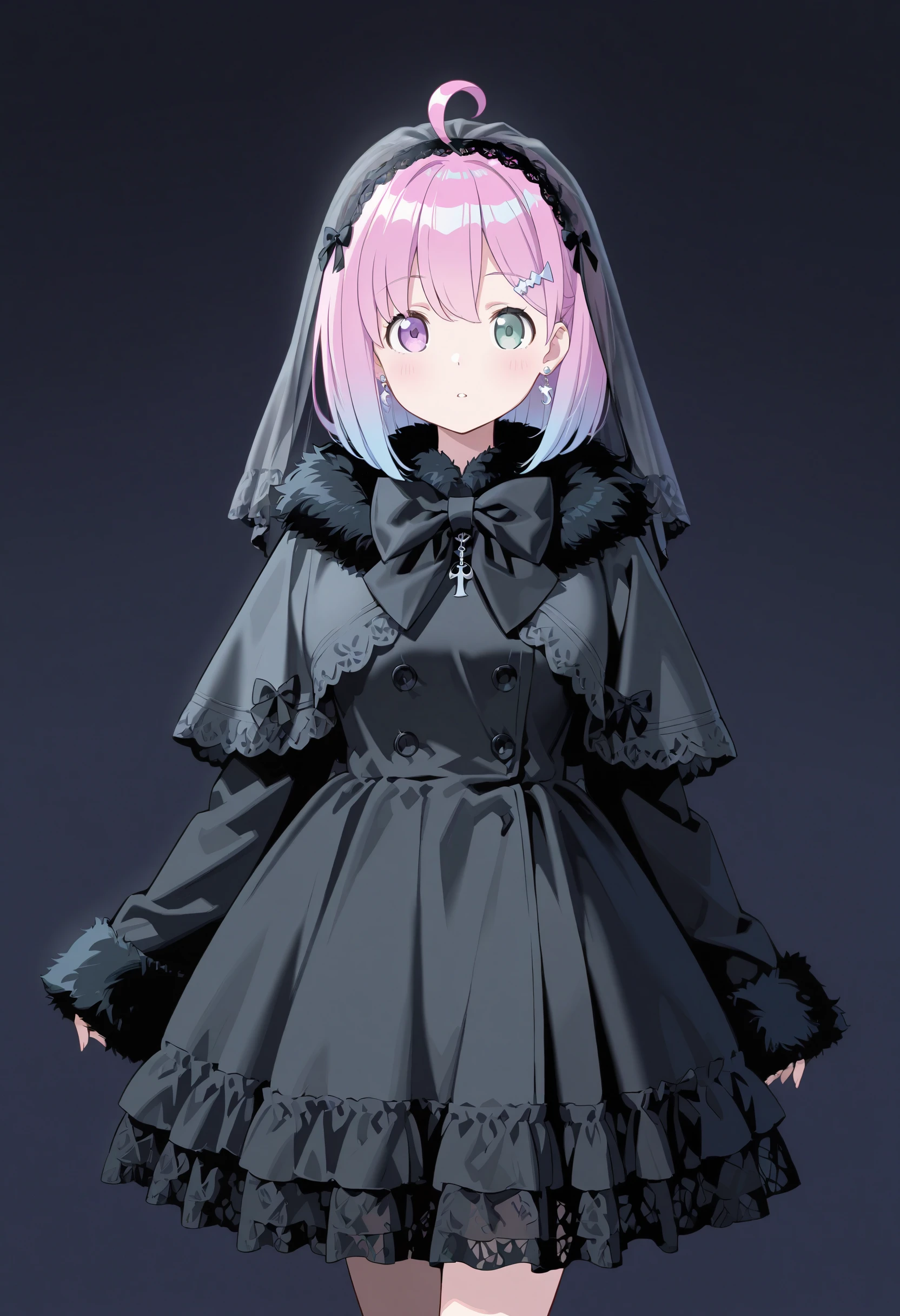 dress, capelet coat, long sleeves, frills, lace trim, black dress, fur trim, veil, sleeves past wrists, 1girl,solo, himemori_luna