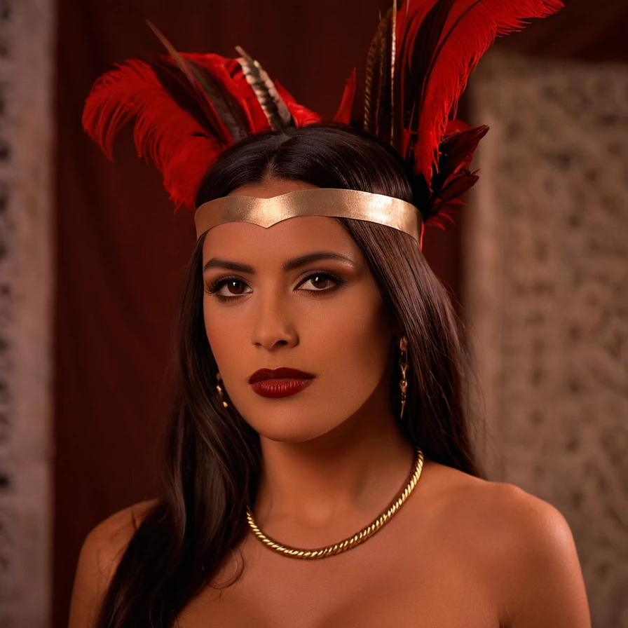 cinematic film still of <lora:Santanico Pandemonium Esmeralda xl v1:0.9>
Santanico Pandemonium Esmeralda a woman with a choke and a necklace on, perfect image, perfect body, perfect anatomy, sharp image, detailed image, detailed background, cinematic color style, cinematic film style, Santanico Pandemonium Esmeralda style, solo, long hair, simple background, brown hair, black hair, bare shoulders, brown eyes, earrings, parted lips, teeth, looking to the side, makeup, headband, portrait, red background, brown background, freckles, upper body, lips, circlet, lipstick, eyeshadow, red lips, medium closeup, shallow depth of field, vignette, highly detailed, high budget, bokeh, cinemascope, moody, epic, gorgeous, film grain, grainy