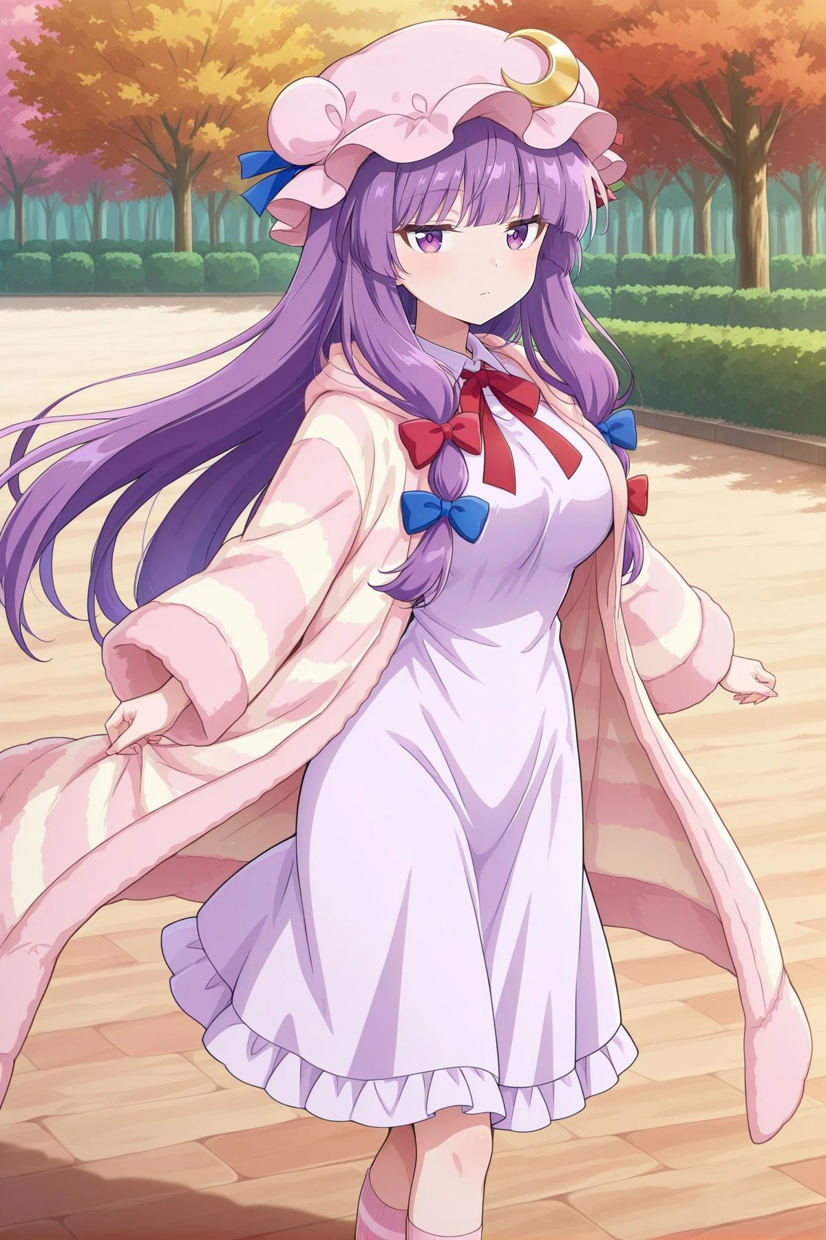 absurdres, highres, masterpiece, best quality, amazing quality, official anime artwork, screencap, anime screencap, outdoors, looking at viewer, dynamic pose,
<lora:Patchouli-Knwoledge_IllustriousV2-000061:1> patchouli knowledge, 1girl, solo, purple eyes, purple hair, long hair, sidelocks,, patchouli knowledge \(precious word\), alternate costume, mob cap, pink hat, crescent hat ornament, blue bow, red bow, hair ribbon, blue ribbon, yellow ribbon, tress ribbon, fur-trimmed robe, horizontal-striped robe, open clothes, long sleeves, fur-trimmed pajamas, white dress, pink socks, stripped socks,