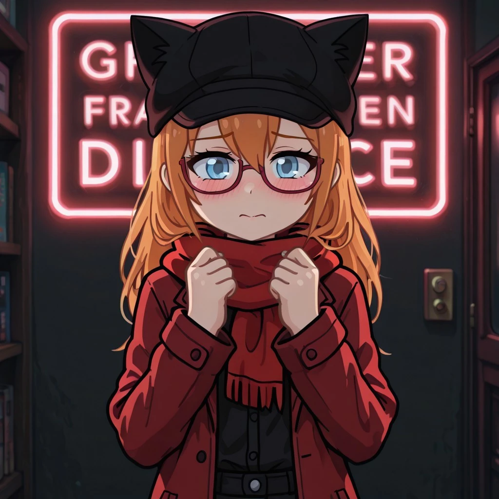 masterpiece,best quality,amazing quality, gacha, gachatokovkaolddetec, tokovkaolddetec, girl, blue eyes, redhead, orange hair, red coat, glasses, hat with cat ears, red scarf, black pants, neon light, cel-shading, office, (dark:1.5), backlit, (upper body shot), shame pose, ashamed, blush, antics, shy, embarrassment
(GachaPumpkinRed, PumpkinRed:0.4), (GachaPumpkinDetective, PumpkinDetective:0.4)