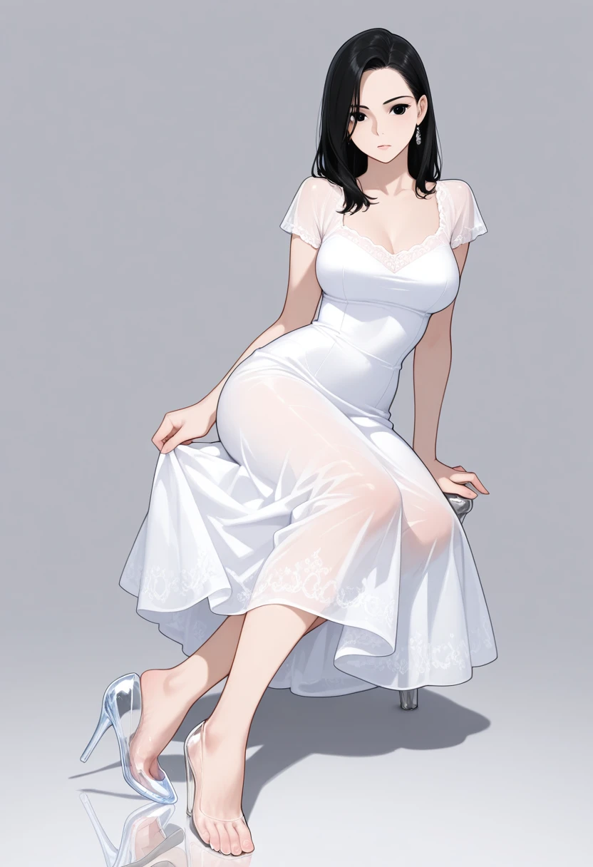 Blue purple hair, one handed cross waist, black border with dark blue bottom with a metallic halo, blue gradient eyes, black pupils, double ponytails, white wedding dress, standing, draped hair,wedding dress,unhappy
