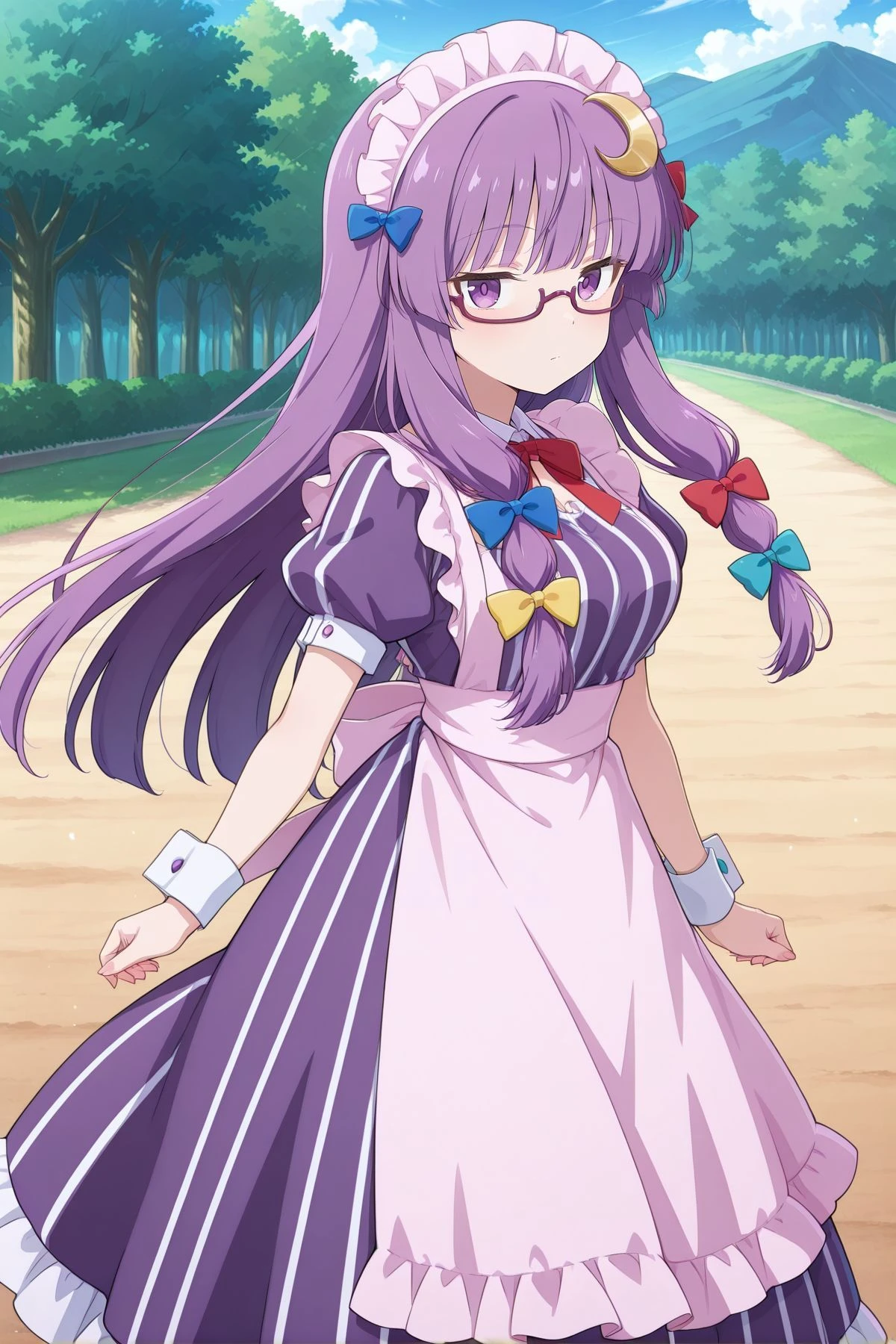 absurdres, highres, masterpiece, best quality, amazing quality, official anime artwork, screencap, anime screencap, outdoors, looking at viewer, dynamic pose,
<lora:Patchouli-Knwoledge_IllustriousV2:1> patchouli knowledge, 1girl, solo, purple eyes, purple hair, long hair, sidelocks,, patchouli knowledge \(high dexterity maid for a week\), alternate costume, maid headdress, crescent hair ornament, multiple hair bows, blue bow, yellow bow, aqua bow, red bow, apron, semi-rimless eyewear, glasses, purple dress, vertical-stripped dress, puffy short sleeves, white apron, wrist cuffs,
