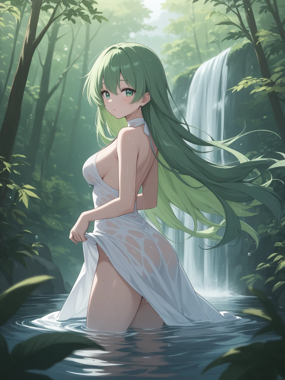 masterpiece, best quality, good quality, very aesthetic, absurdres, newest, 8K, depth of field,  in the style of cknc, artist:moriimee, in the style of cksc, 
1girl, long green hair, flowing, emerald eyes, medium breasts, perky, sheer dress, slipping, glossy skin, bathing in waterfall, water cascading, looking at viewer, from side
BREAK
lush forest, waterfall, misty air
BREAK
dynamic light, green tones, high contrast, wet reflections, rich details, serene atmosphere