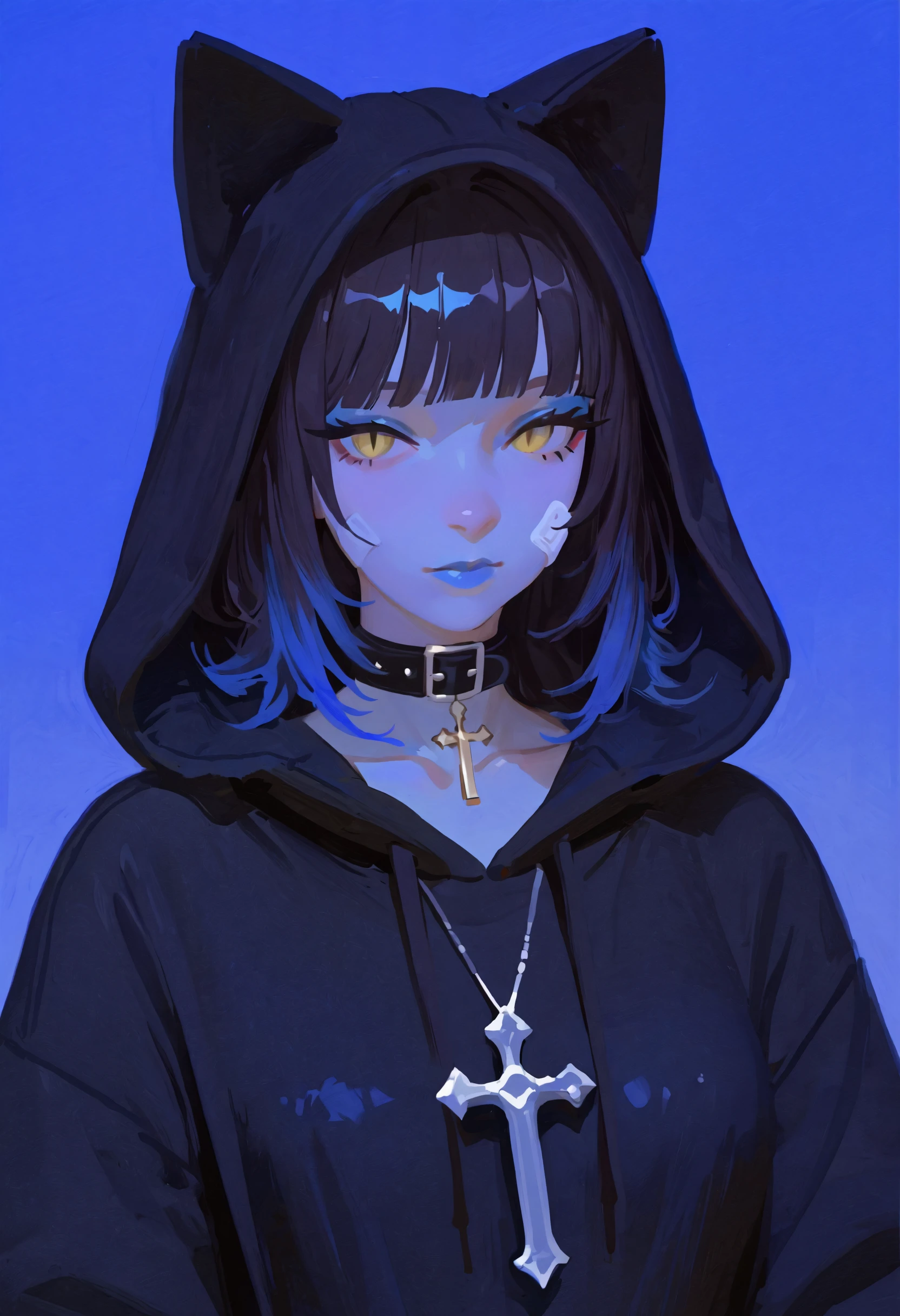(no lineart, painting \(medium\), faux traditional media), <lora:bnl0ZStEYW9kdHQ=-illustriousXL_v01_V2-CAME:1.0>, 1girl, hood, cross necklace, cross, solo, bandaid, bandaid on face, black hoodie, hoodie, necklace, yellow eyes, jewelry, gloves, black hair, hood up, blue gloves, blue background, collar, looking at viewer, makeup, bandaid on cheek, blue theme, film grain, simple background, upper body, black collar, blue lips, blunt bangs, collarbone, medium hair, bandage on face, belt collar, multicolored hair, lipstick, eyeshadow, long hair, closed mouth, drawstring, eyelashes, slit pupils, blue hair