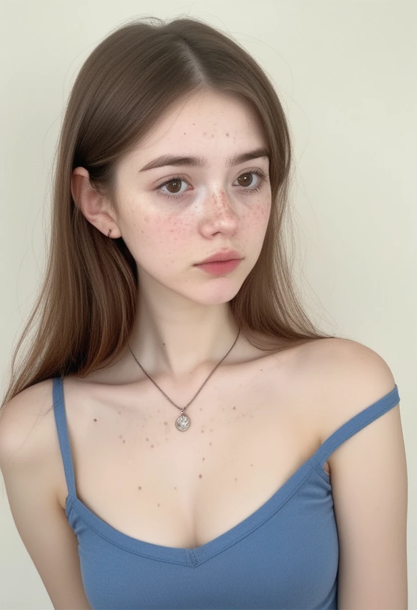 score_9, score_8_up, score_7_up, score_6_up, RSGRL, Russian female, Cute face, amateur, candid, , 1girl, solo, brown eyes, brown hair, jewelry, necklace, realistic, freckles, long hair, breasts, looking at viewer, strap slip, lips, mole, camisole, cleavage, upper body, traditional media, natural, 21-year-old