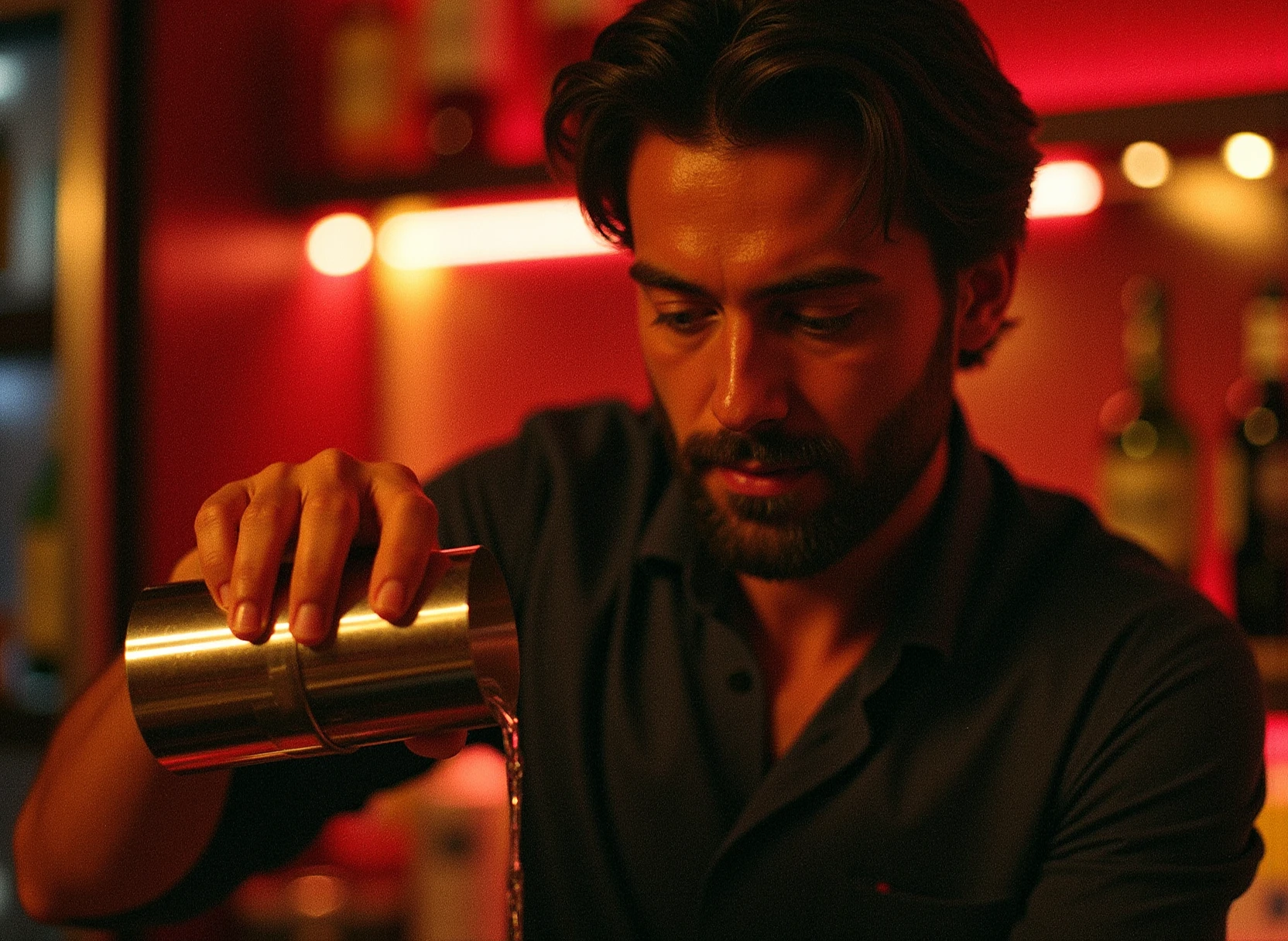 Bar setting, close-up view, photograph, person pouring liquid from a metal shaker, medium beard, short dark hair, dim lighting, red and yellow illumination, blurred colorful background. coarsefilmgrain