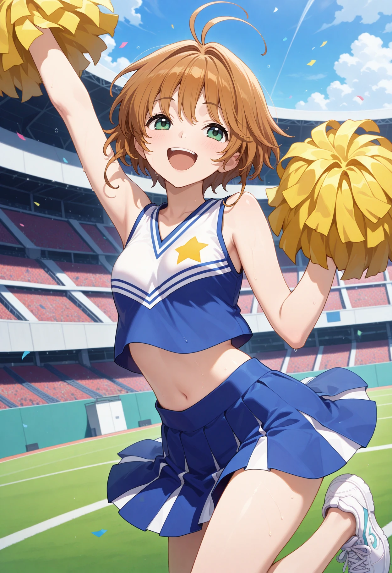 best quality, masterpiece, 1girl, aasakura, short hair, brown hair, antenna hair, green eyes, small breasts, <lora:sakura_ilxl_v1:0.9>, cheerleader, midriff, pom pom \(cheerleading\), stadium, standing on one leg, sneakers, cowboy shot, laughing, open mouth, arm up,