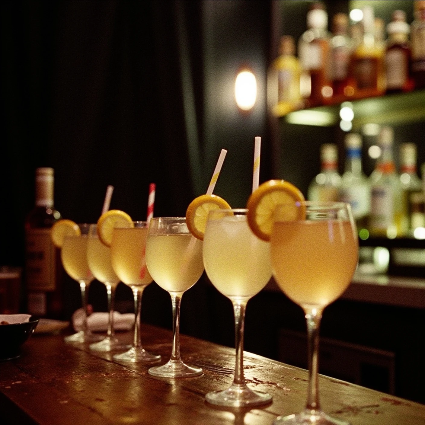 a photograph with coarse film grain presents a row of wine glasses filled with pale drinks and garnished with straws and lemon slices dimly lit bar setting soft focus shelving with glass bottles and warm lighting in the background moody atmosphere