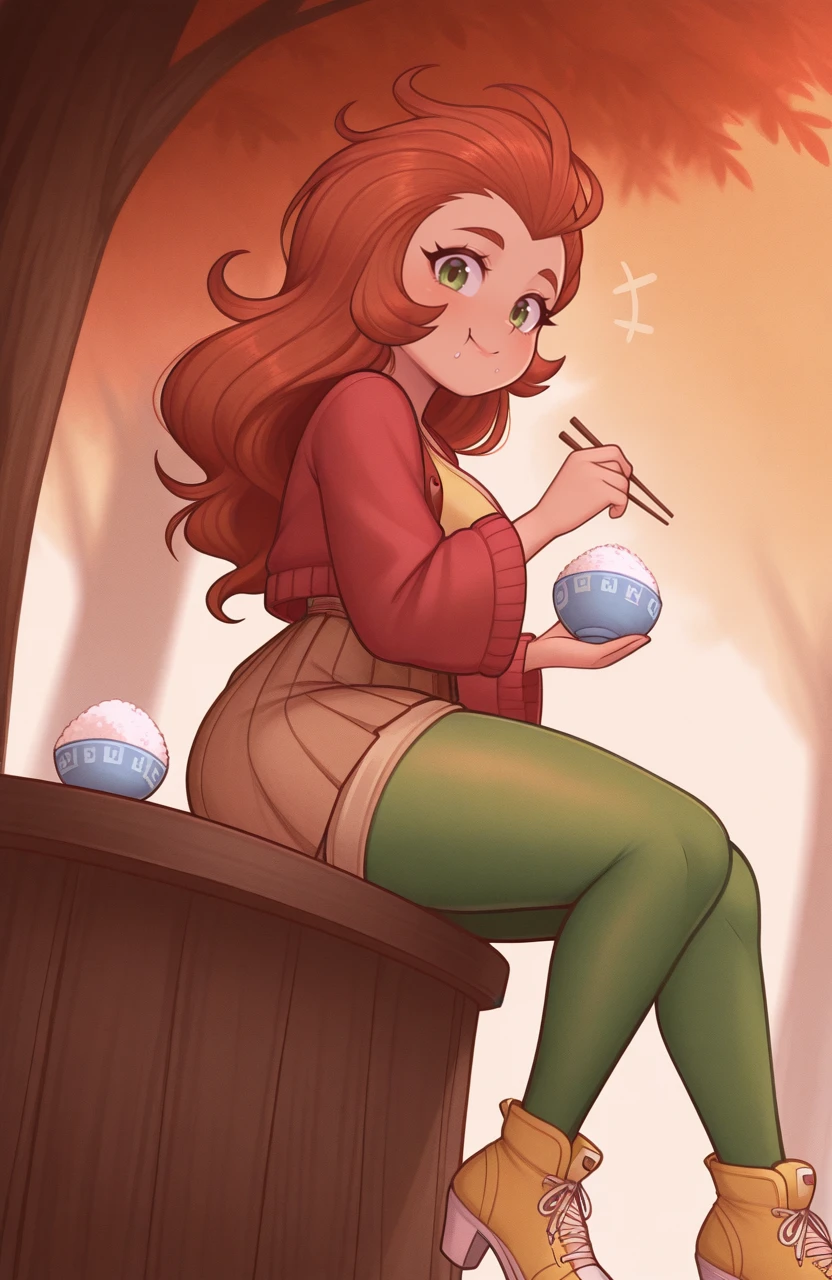 solo, 1girl,
autumn blaze \(mlp\), red cropped cardigan, wide sleeves, brown hakama shorts, green pantyhose, yellow high heel sneakers, upper body, holding chopsticks, rice bowl, from side, looking at viewer, eating, satisfied expression,
<lora:negieggy:0.9> n3gi, extremely detailed, highres, masterpiece, best quality