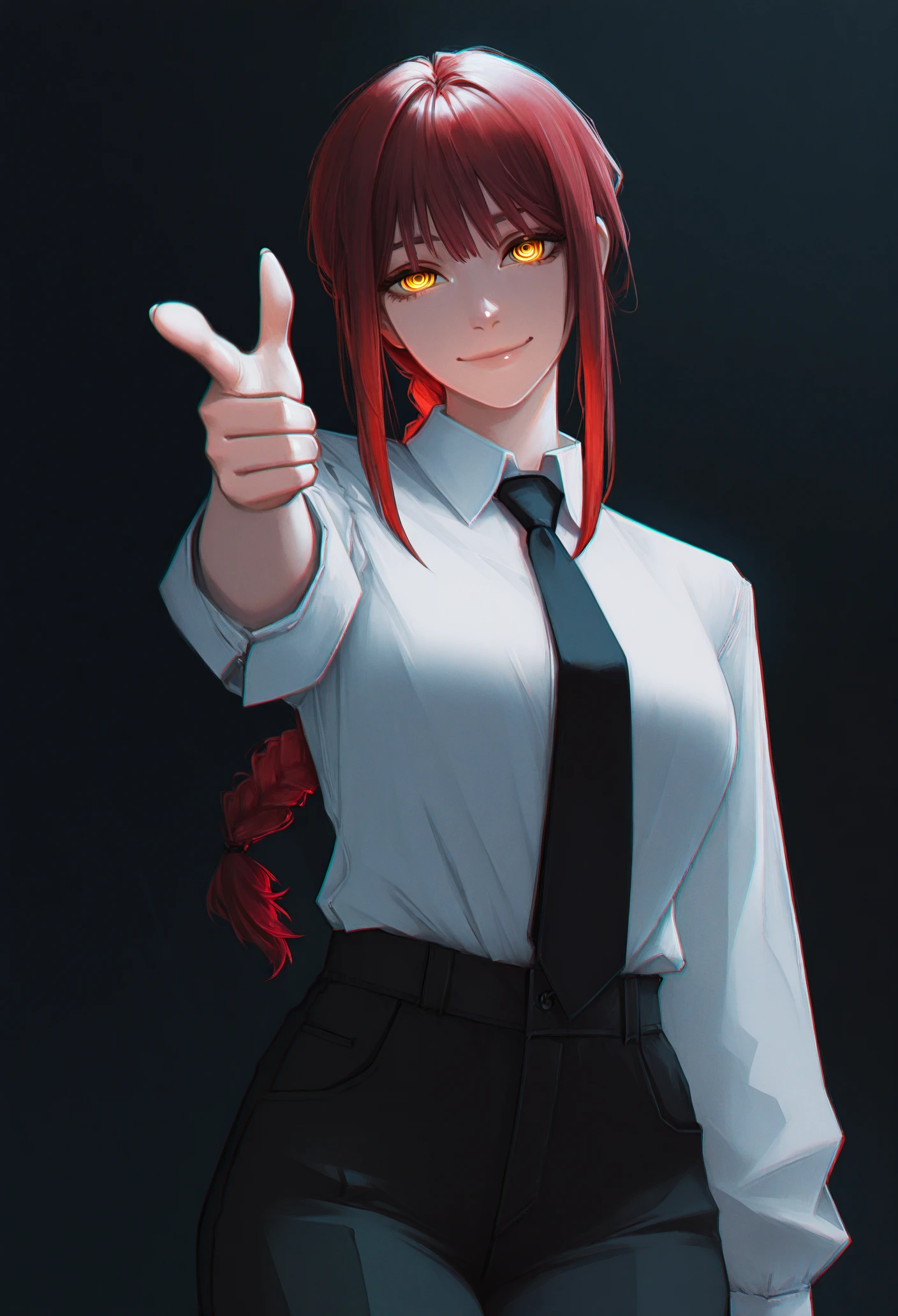 1girl, solo, finger gun, looking at viewer, smile, head tilt,
long hair, red hair, braided ponytail, yellow eyes, ringed eyes, white shirt, collared shirt, shirt tucked in, black necktie, long sleeves, black pants,
masterpiece, best quality, <lora:laurelin-guy90-Illust-LoraV1:1>, nilual, chromatic aberration, glowing, <lora:csm_makima_noobAIXL11EPS:1> mak1madef