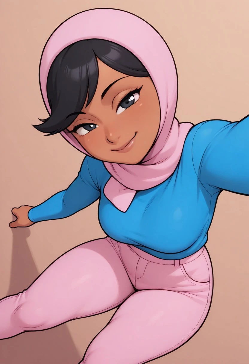 zari, dynamic angle, foreshortening,1girl, highres, absurdres, newest, masterpiece, best quality, solo, black hair, black eyes, dark skin, dark skinned female, tan skin, pink pants, hood, short hair, blue shirt, dynamic angle, foreshortening,
eyes half closed, seductive smile,