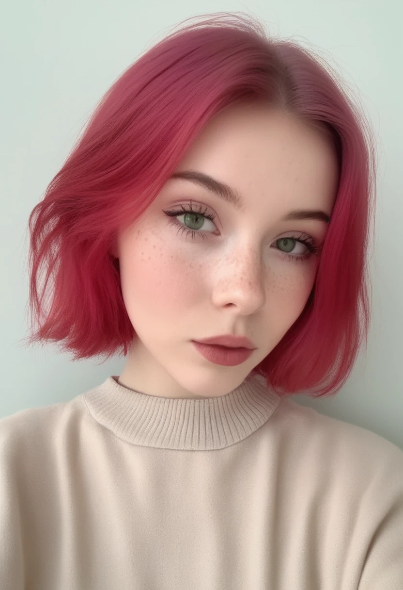 score_9, score_8_up, score_7_up, score_6_up, RSGRL, Russian female, Cute face, amateur, candid, , 1girl, solo, looking at viewer, short hair, pink hair, realistic, closed mouth, sweater, freckles, red hair, lips, portrait, green eyes, upper body, makeup, eyeshadow, eyelashes, lipstick, 23-year-old